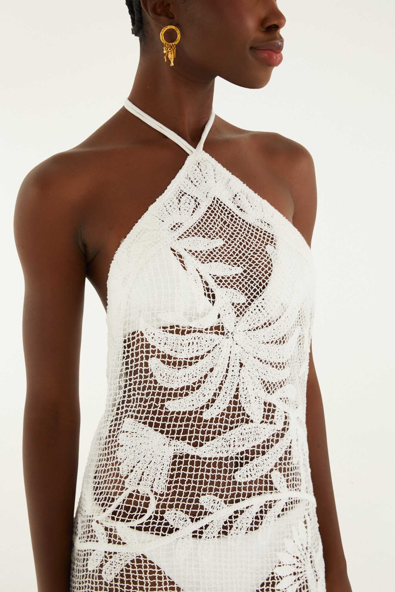 White Crochet Halter Neck Sheer Midi Dress