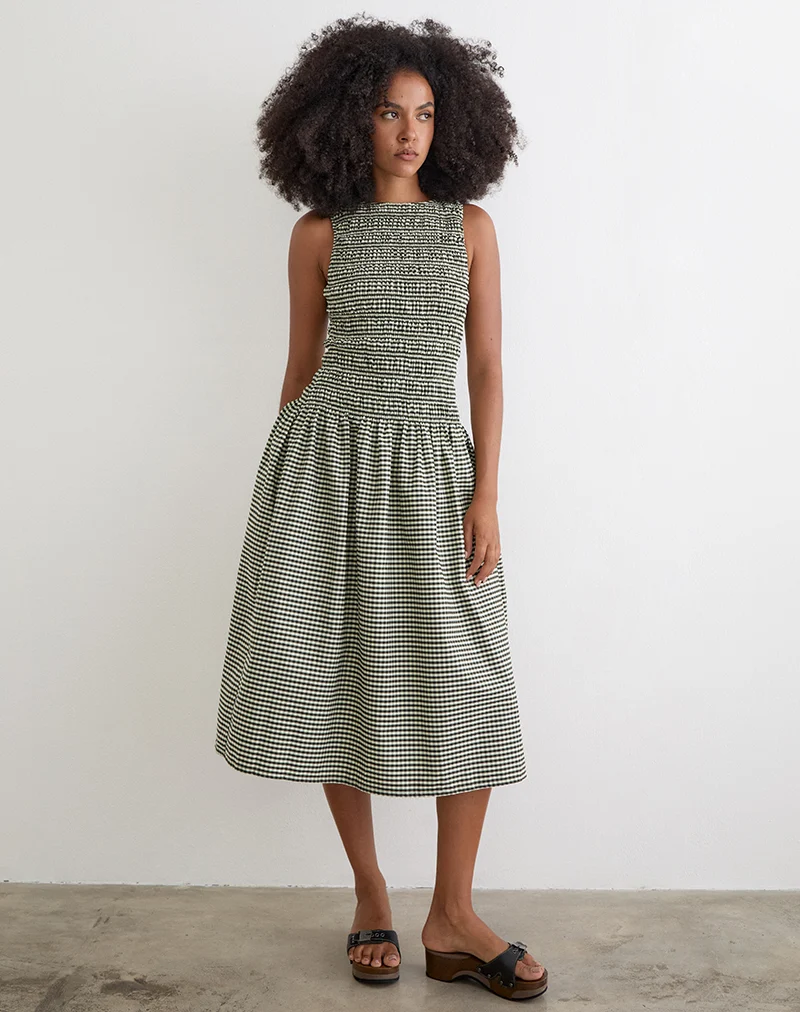 Undine Midi Dress in Mini Gingham Dark Green