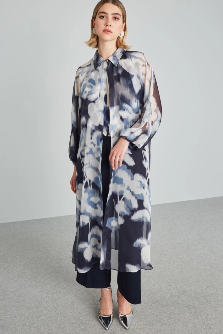 Printed chiffon duster coat - BLUE LIGHT BLUE WHITE