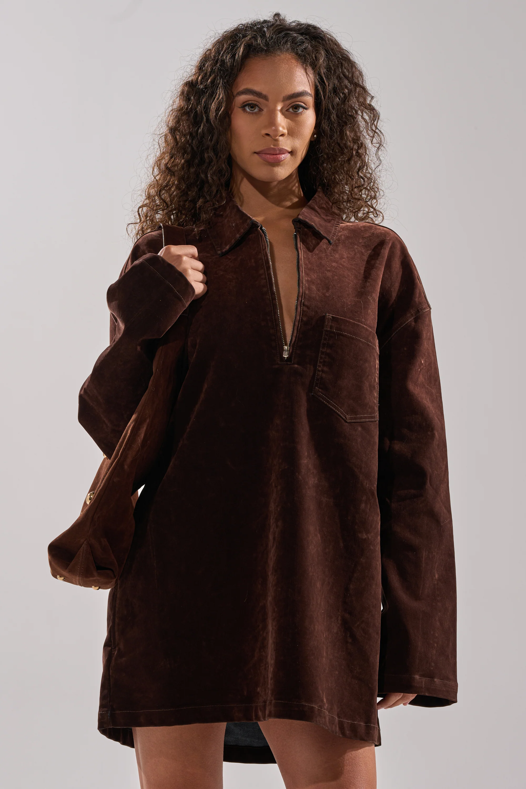 Cool Girl Oversized Velvet Denim Shirt Dress