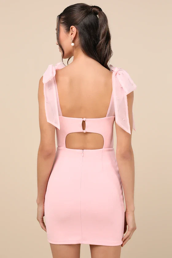 Beaming Perfection Pink Pearl Organza Tie-Strap Mini Dress
