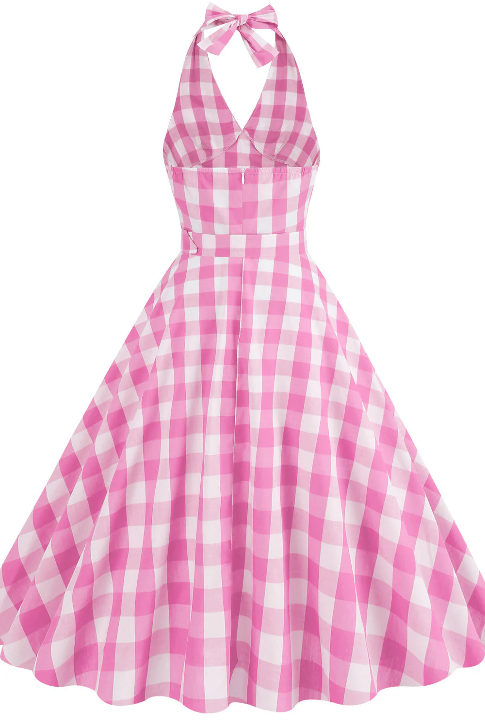 Deep V Neck Pink Plaid Gingham Swing Dress with Belt