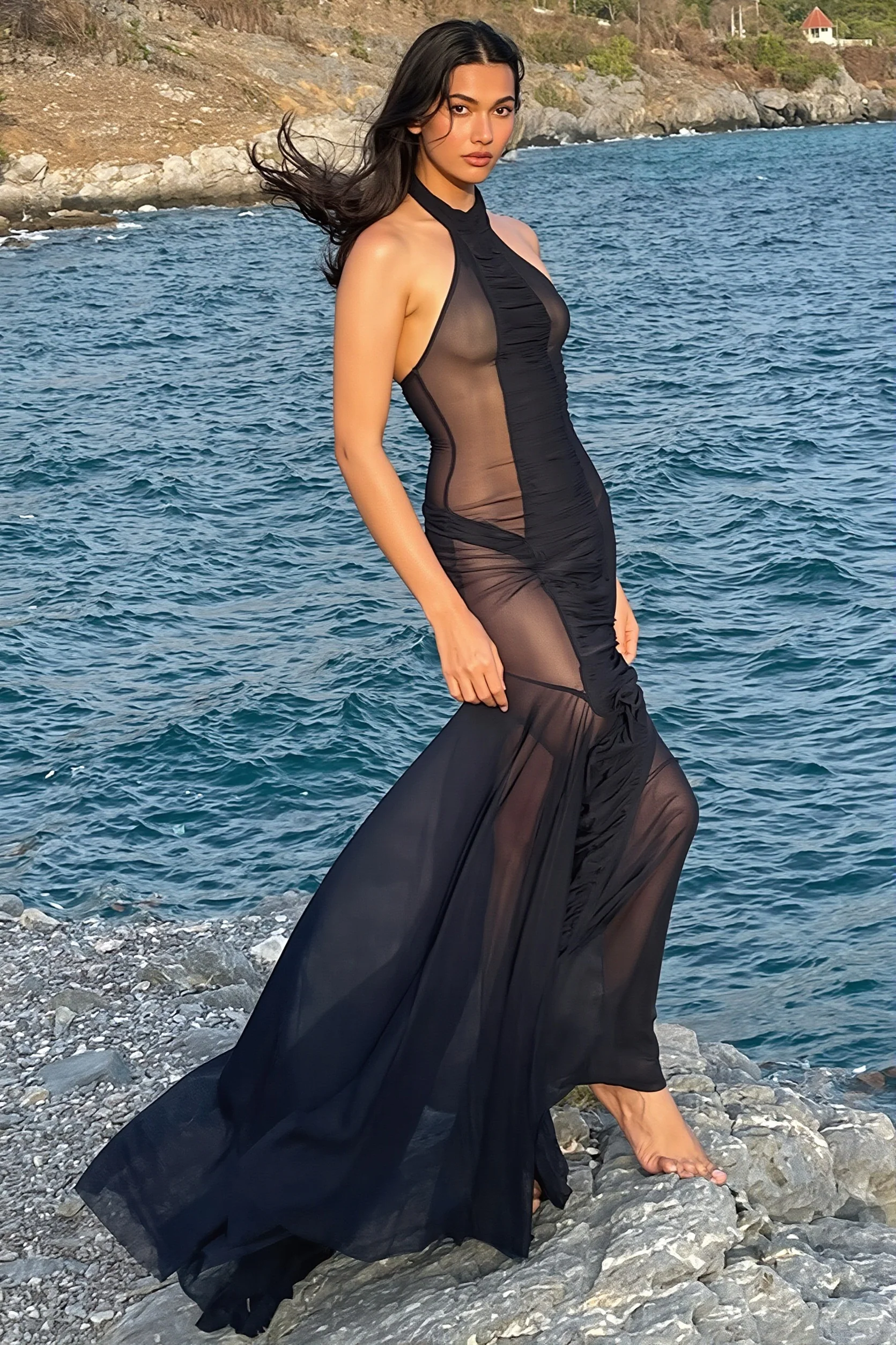 Halter Cutout Back Mesh Sheer Slim Maxi Dress