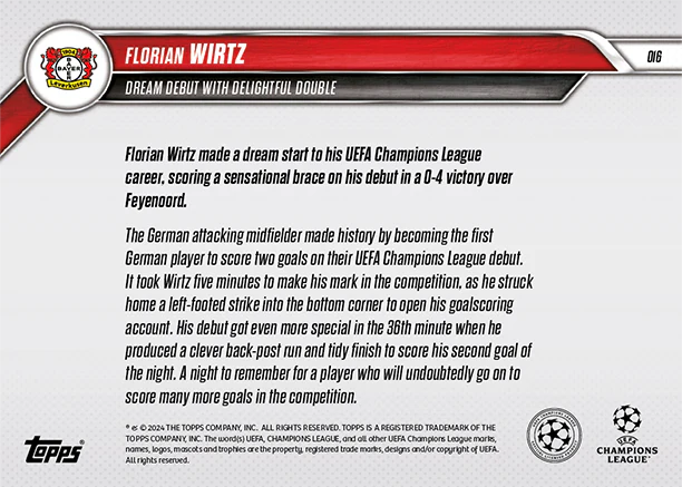 Florian Wirtz - Dream debut with delightful double - 24/25 UCC TOPPS NOW® Card 16