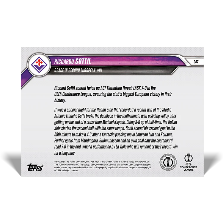 Riccardo Sottil - Brace in record European win - 24/25 UECL Topps NOW® Card 7