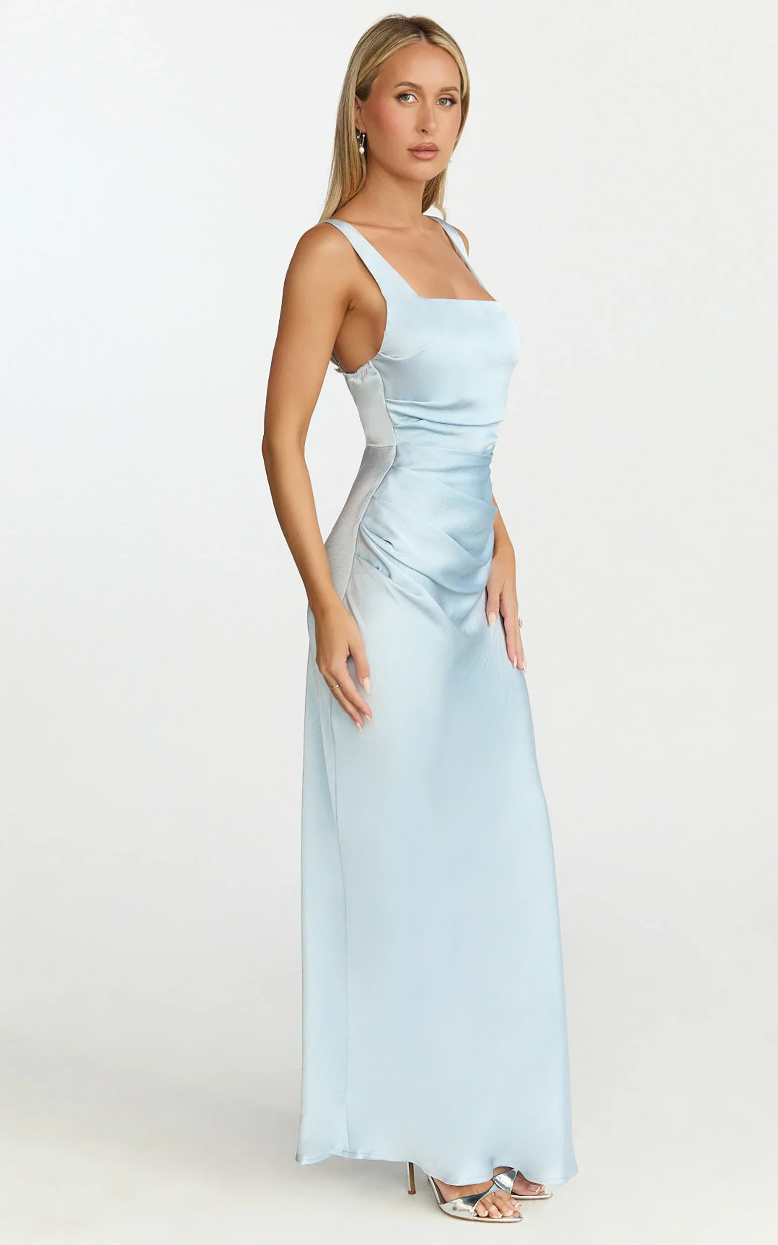 Rumi Midi Dress - Rushed Bodiest Satin Dress in Pale Blue
