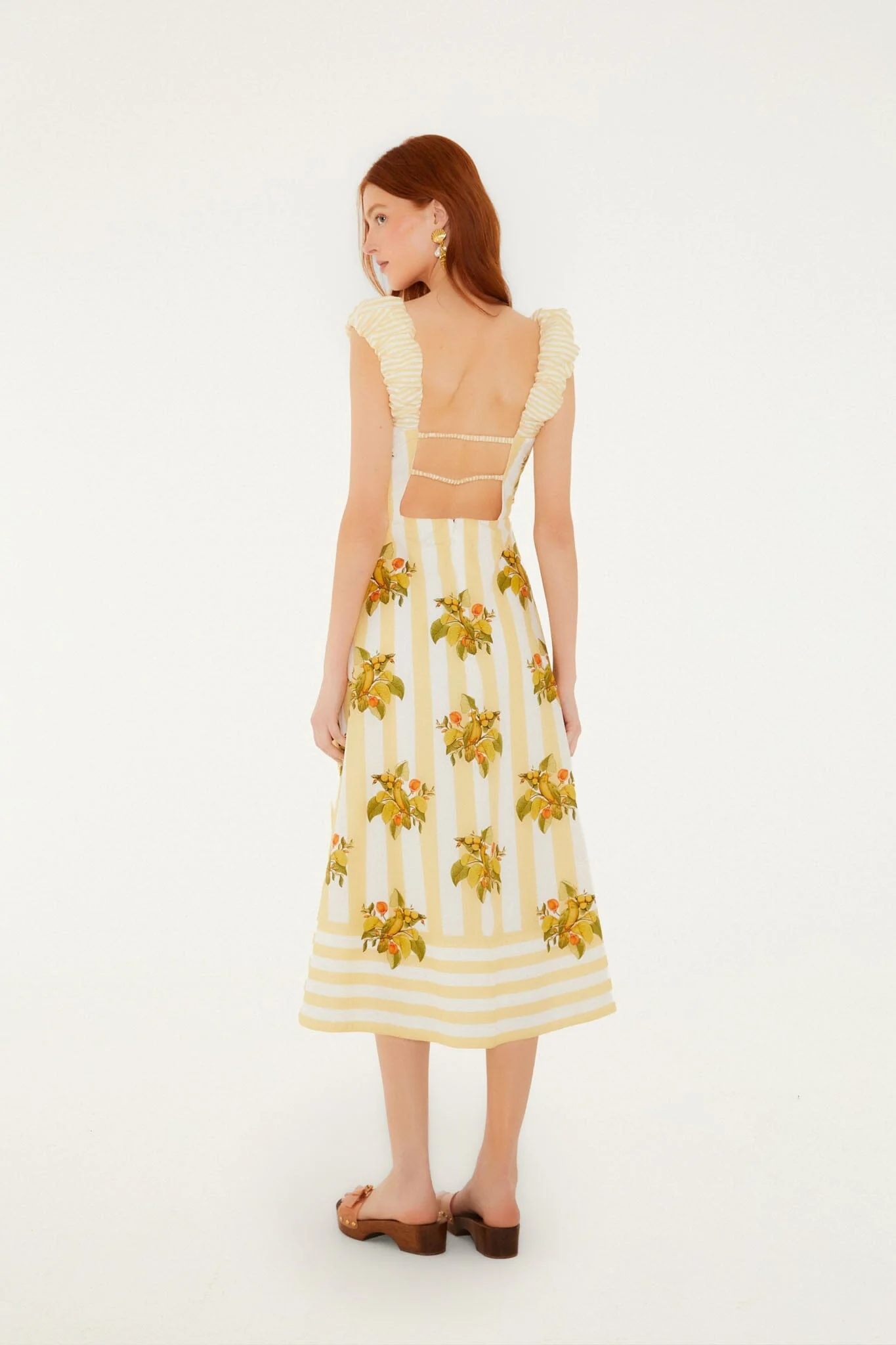 Yellow Lemon Birds Sweetheart Neck Midi Dress