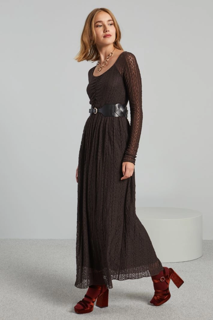 Long lace jersey dress - DARK BROWN