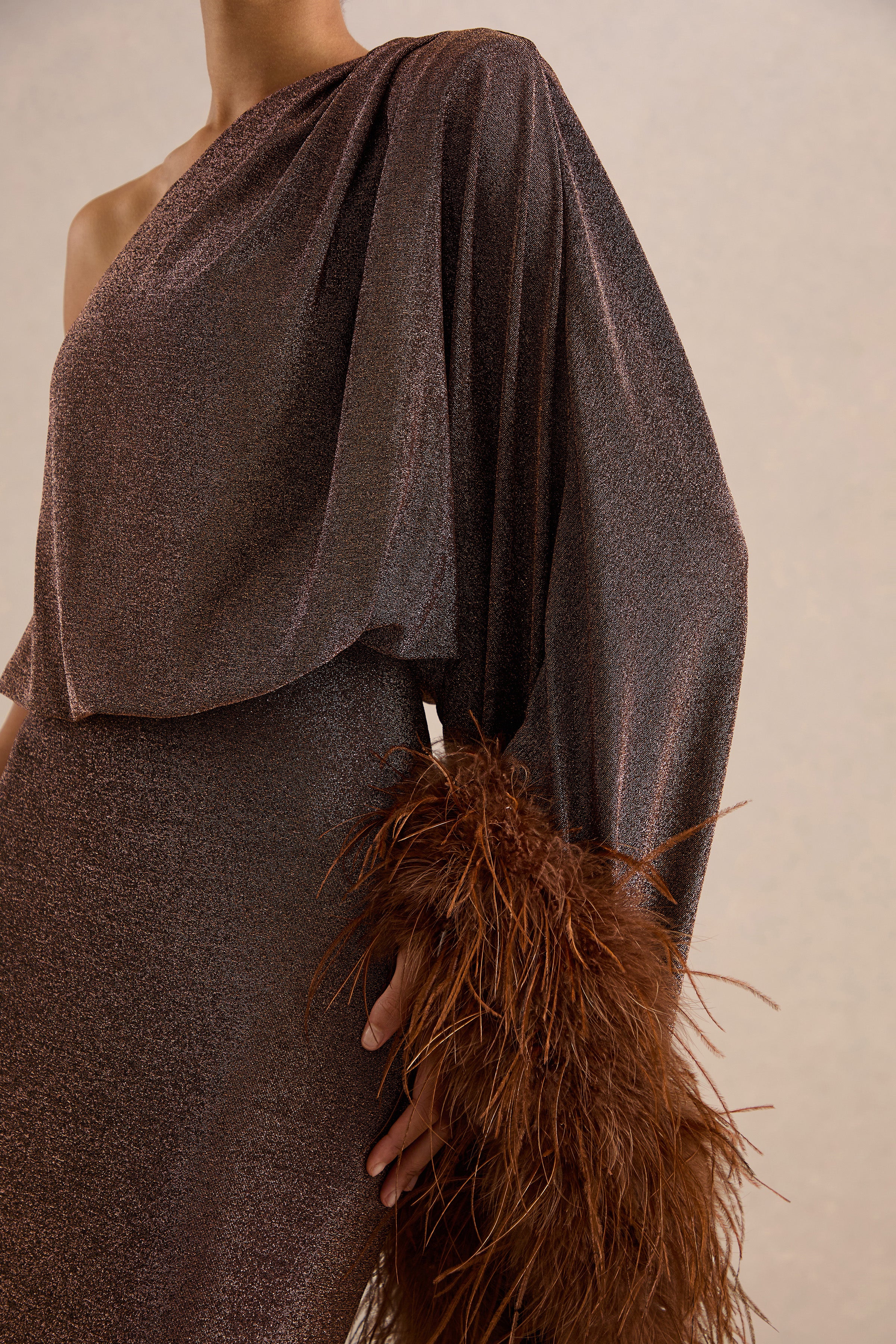 Galena | Brown Glitter One Sleeve Maxi Dress With Feather Detailing