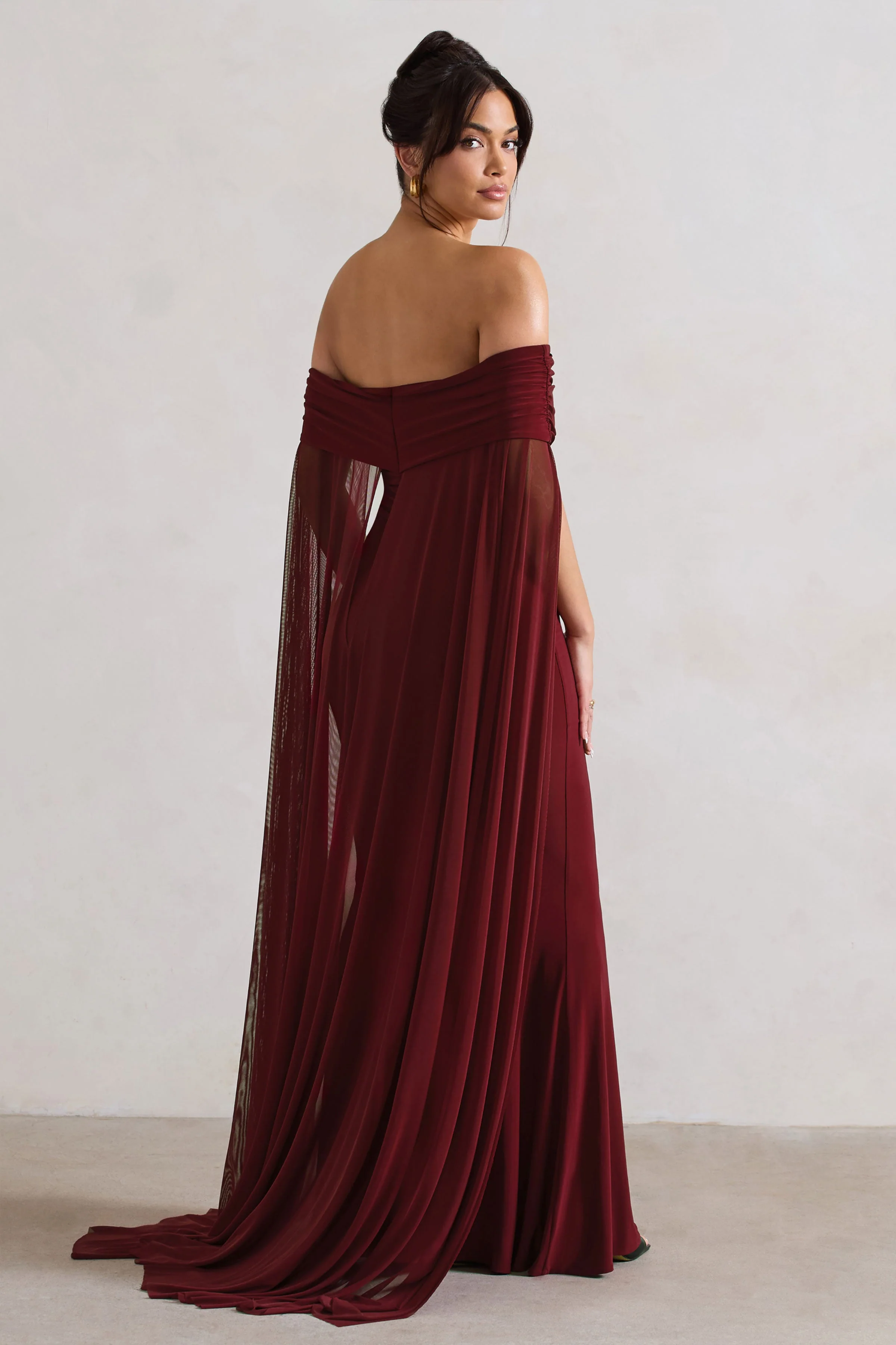 Carlotta | Berry Bardot Maxi Dress With Chiffon Cape