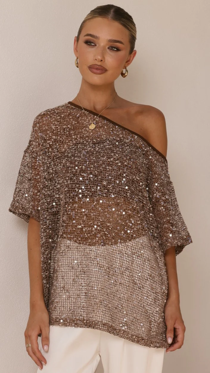 Zinnie Sequins Off Shoulder Top - Mocha