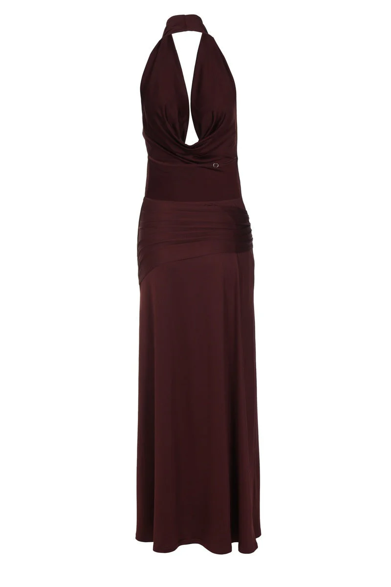 Halter Cowl Neck Burgundy Long Dress
