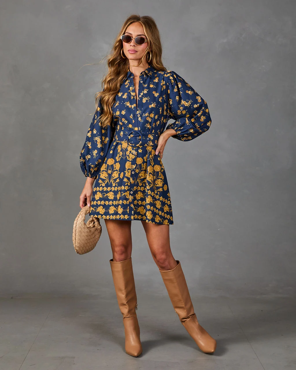 Golden Meadow Belted Floral Mini Shirt Dress