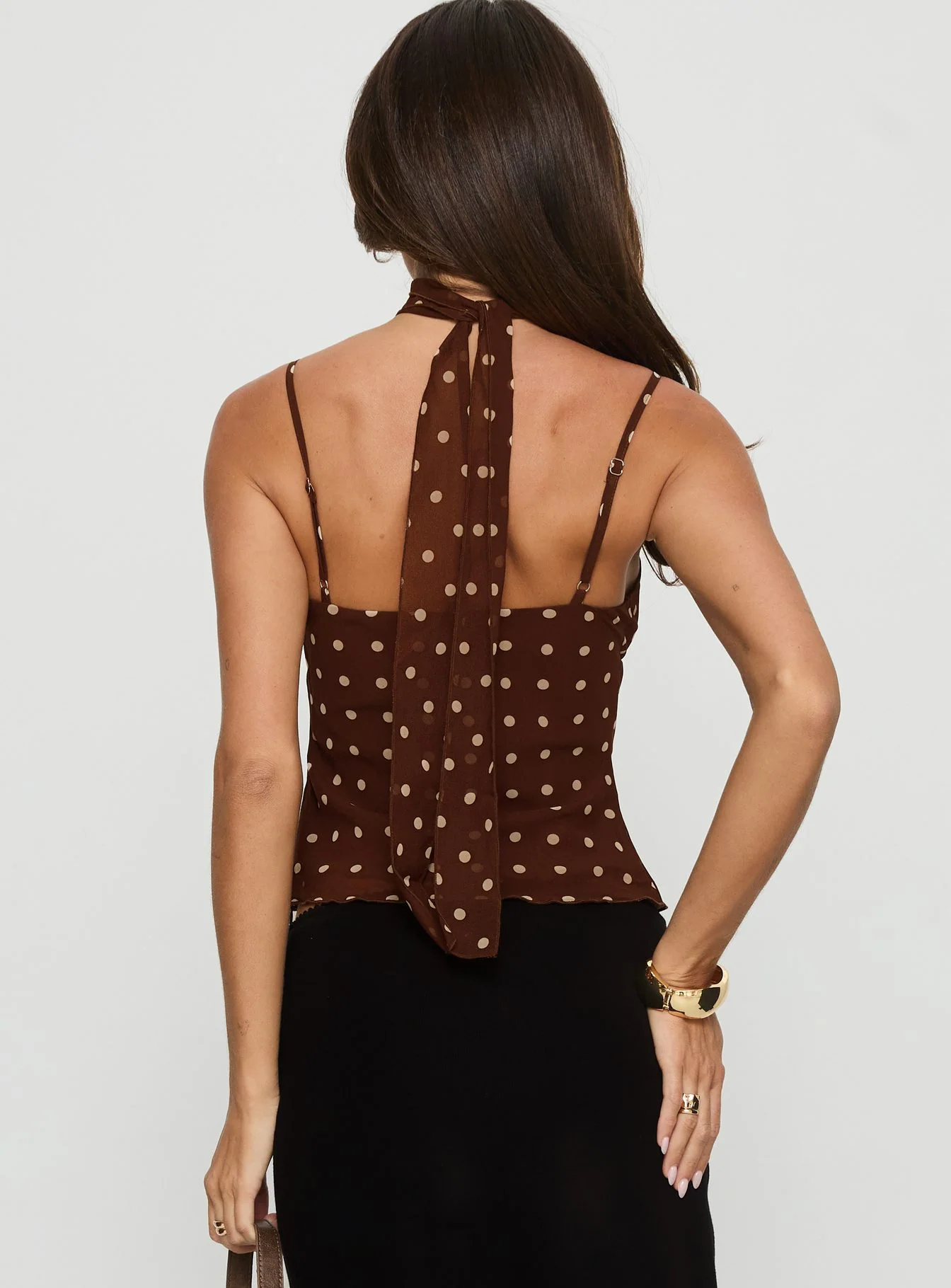 Mishy Scarf Detail Cami Top Brown Polka Dot
