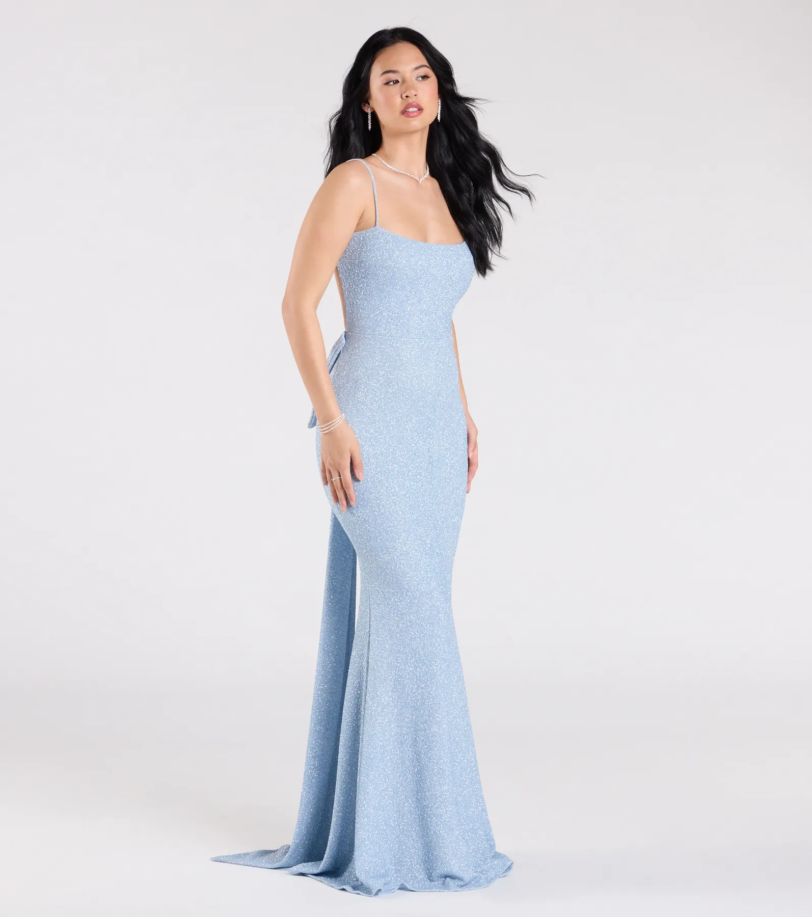 Gwendolyn Glitter Knit Bow-Back Mermaid Dress