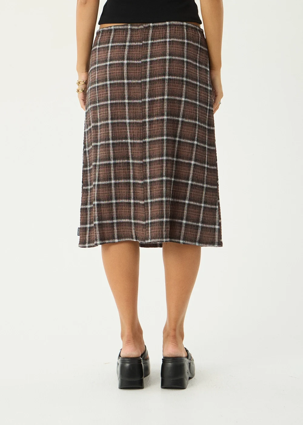 AFENDS Womens Reverie - Seersucker Midi Skirt - Coffee Check