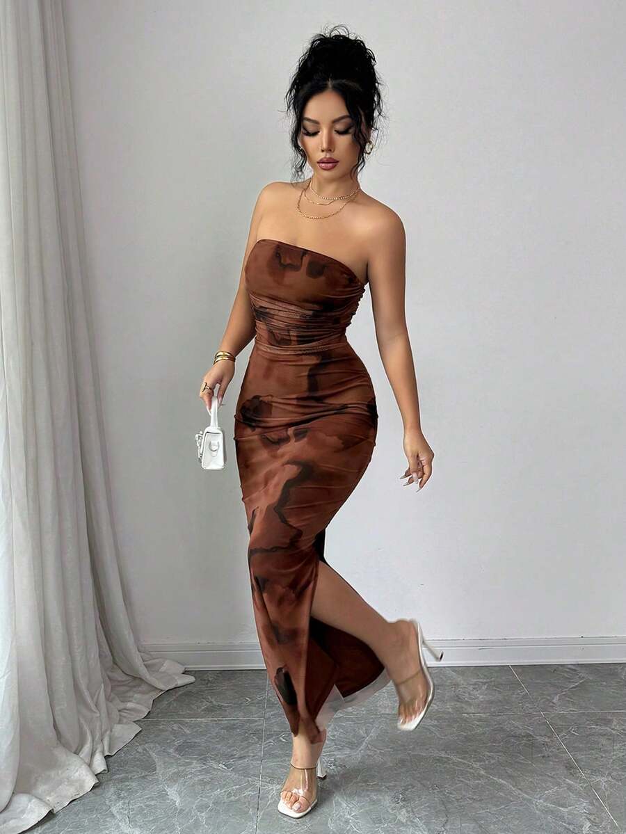 Rafferiza Ladies Elegant Pleated Smudged Mesh Print Waist Bandeau Dress Party Slit Dress, Brown Contrast Bandeau Dress, Mesh Hip Wrapping Tight Printed Dress