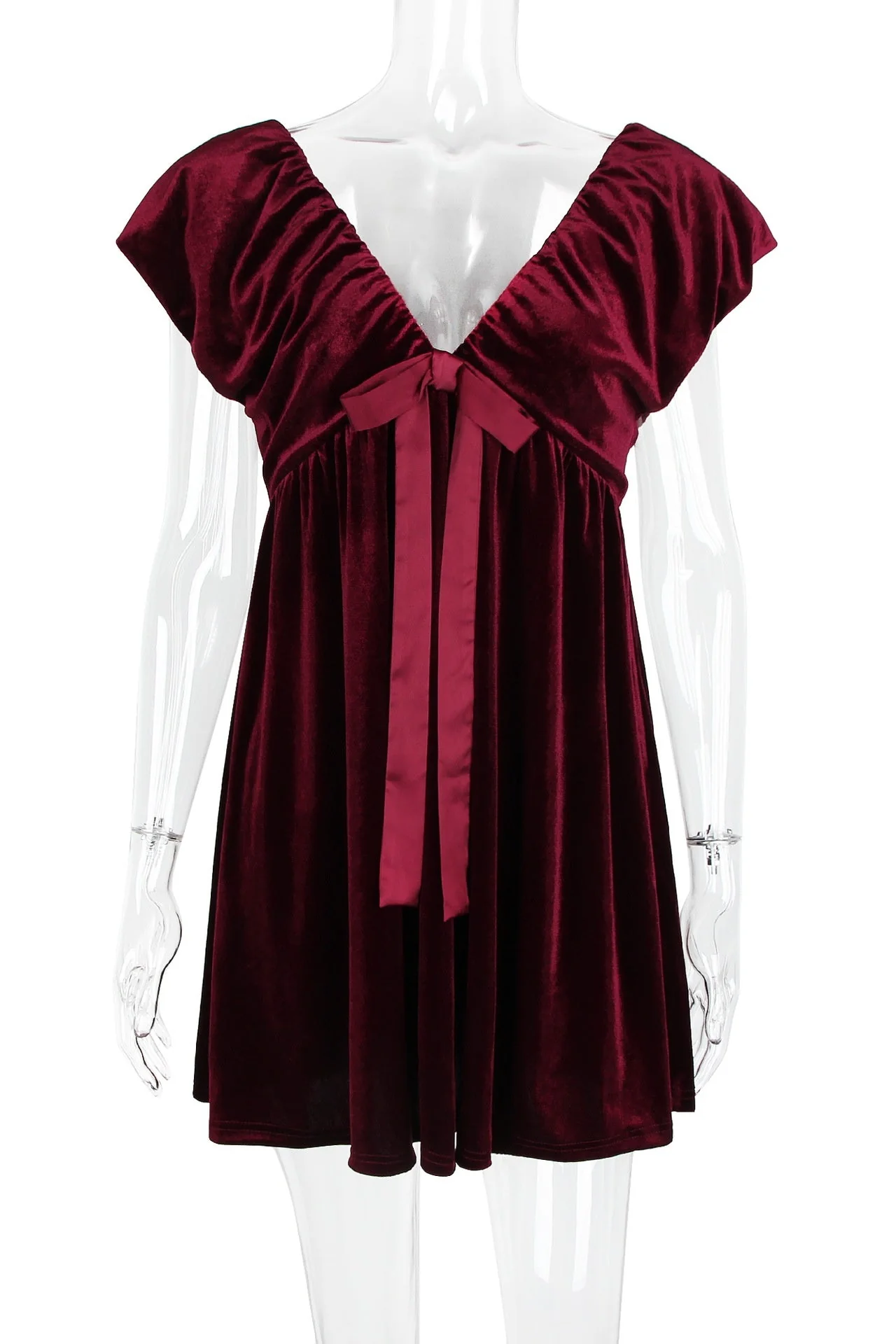 Burgundy Velvet Cap Sleeves Short Dress