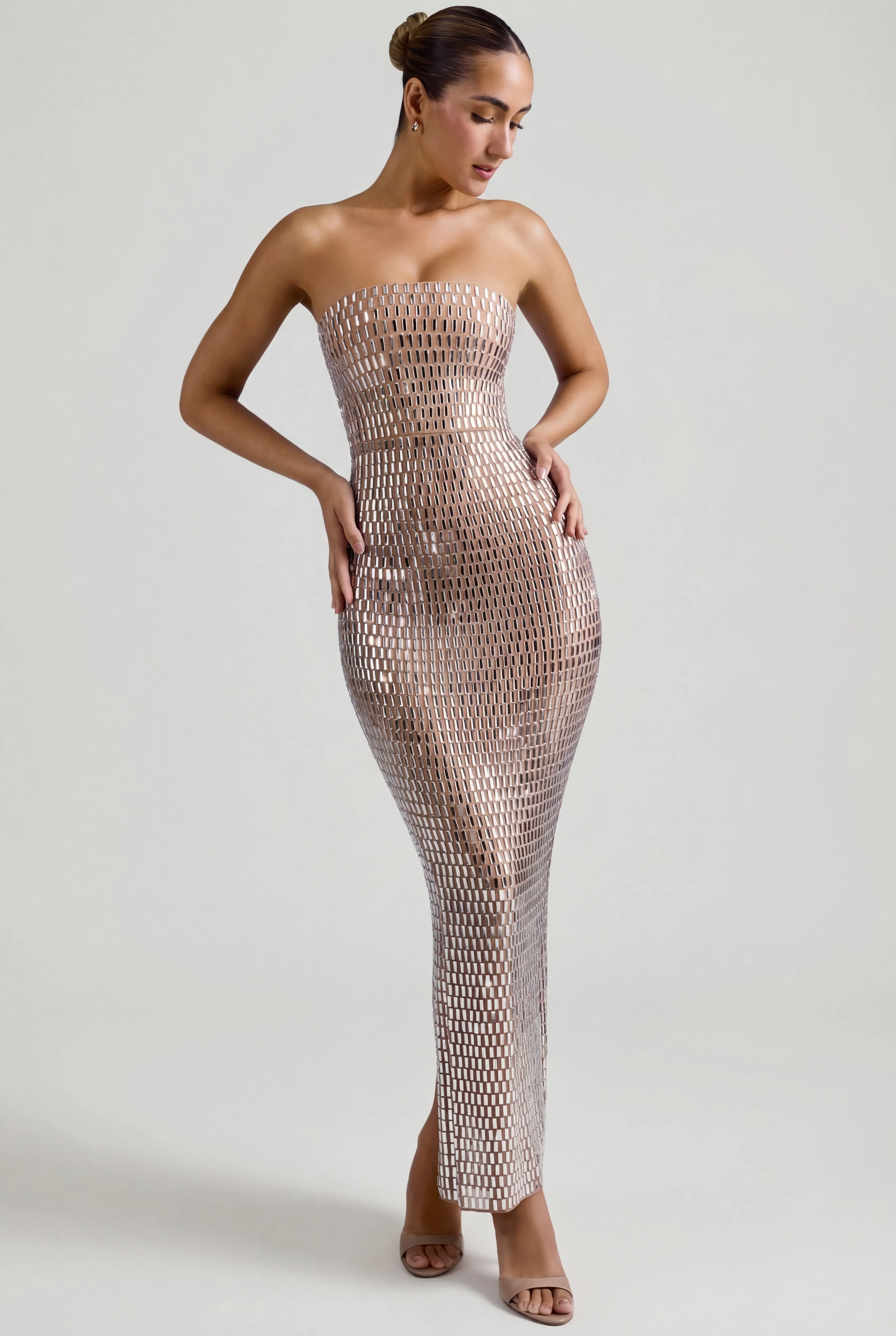 Embellished Bandeau Maxi Dress in Almond