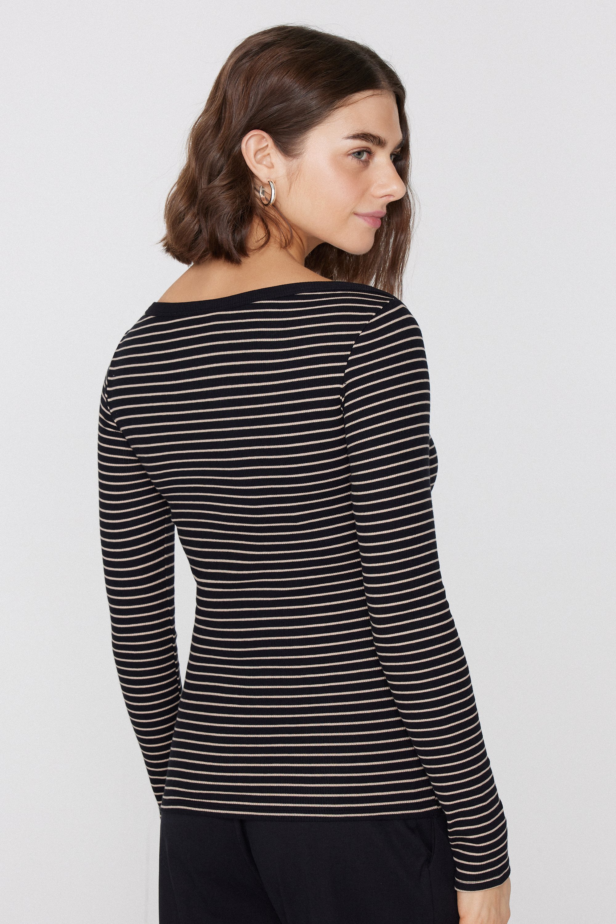 Ribbed Cotton Top with Boat Neck and Stripes