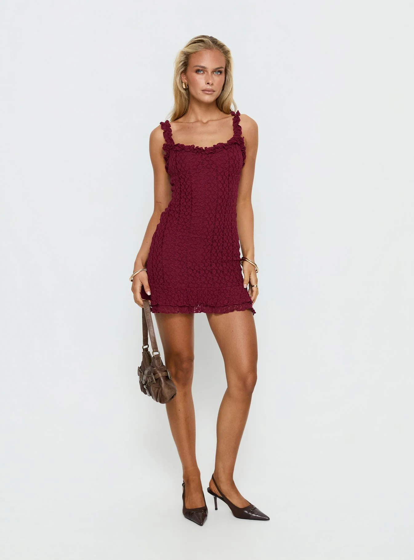 Steffi Frill Lace Mini Dress Burgundy