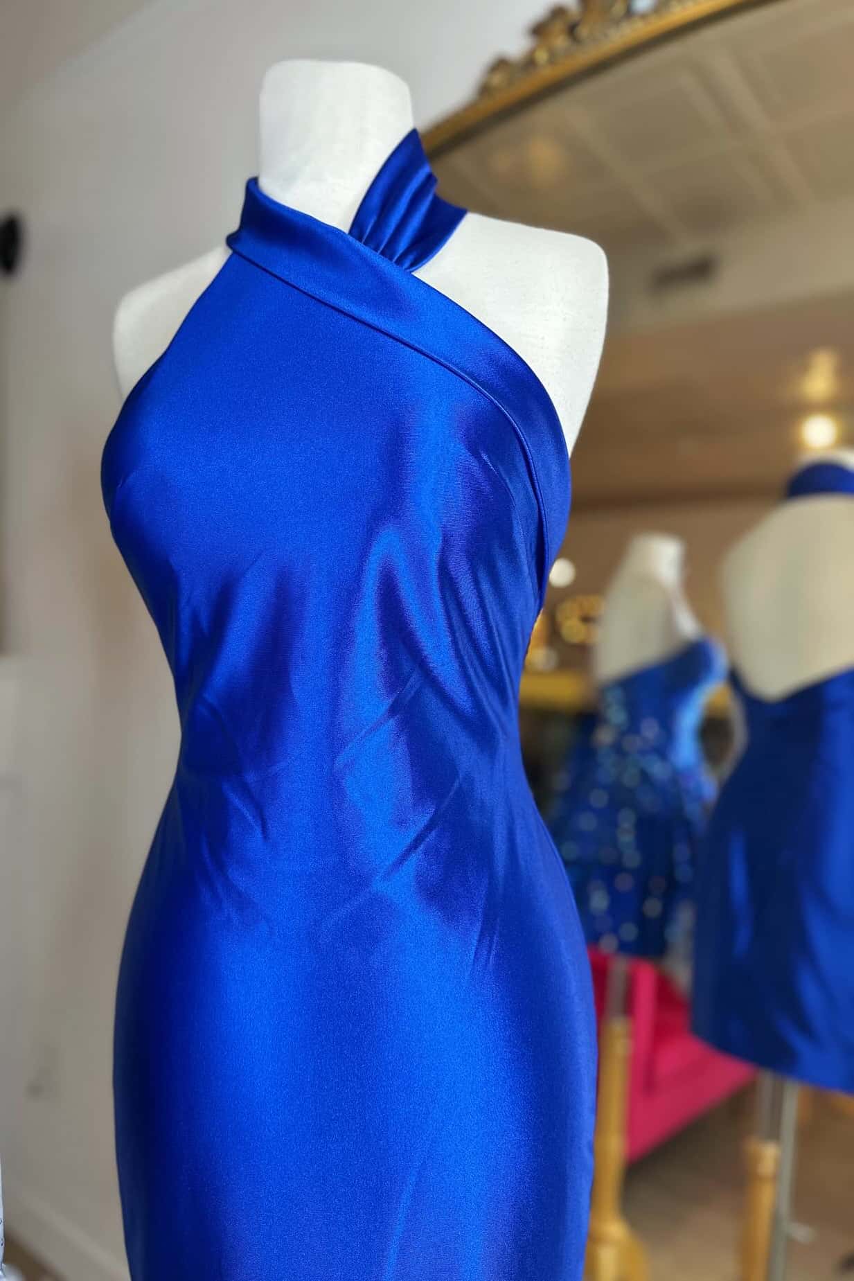 Halter Royal Blue Open Back Short Dress