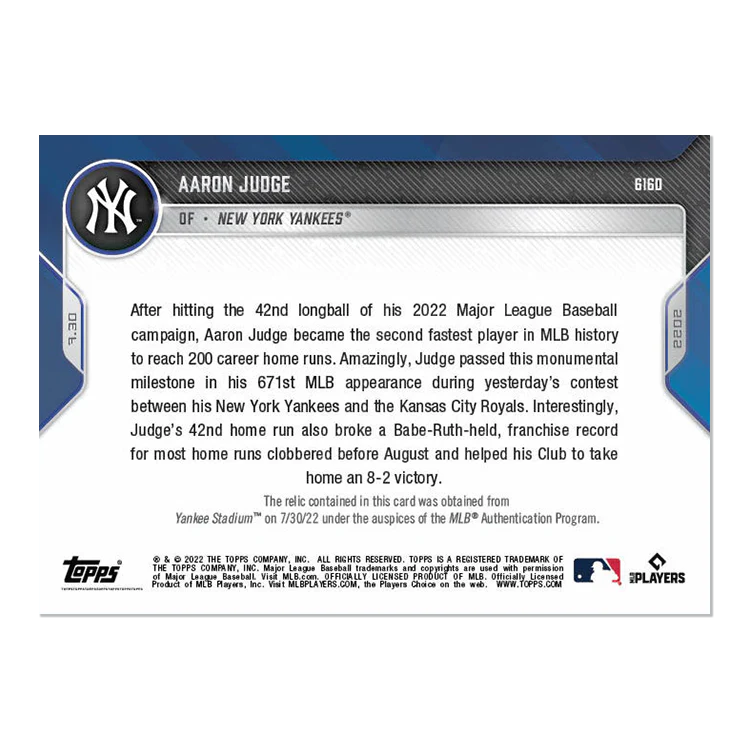 Game-used Base Relic # to 10 - Aaron Judge - 2022 MLB TOPPS NOW® Card 616D