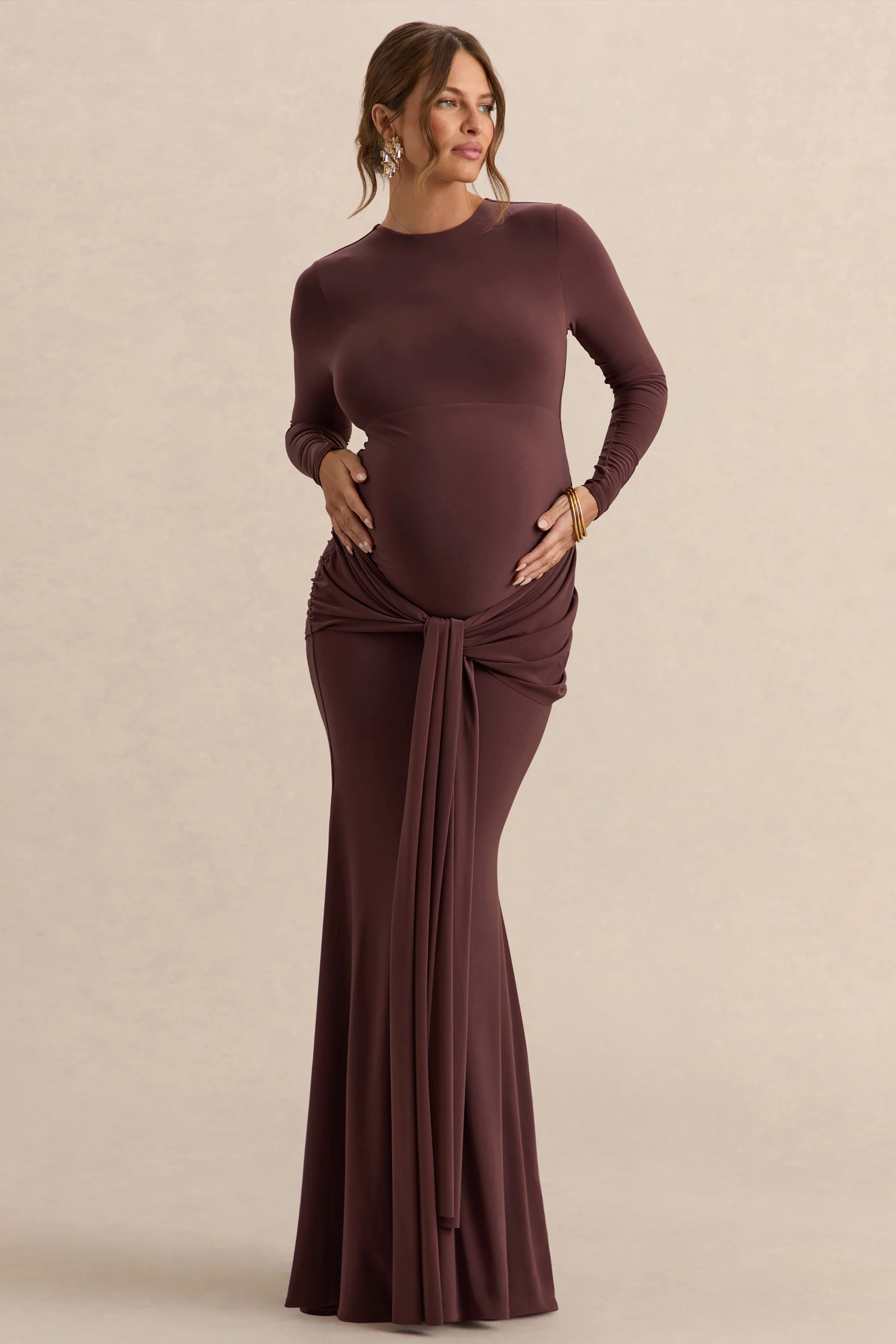 Aveny | Brown Crew-Neck Maternity Maxi Dress With Ruched-Detailing And Sash