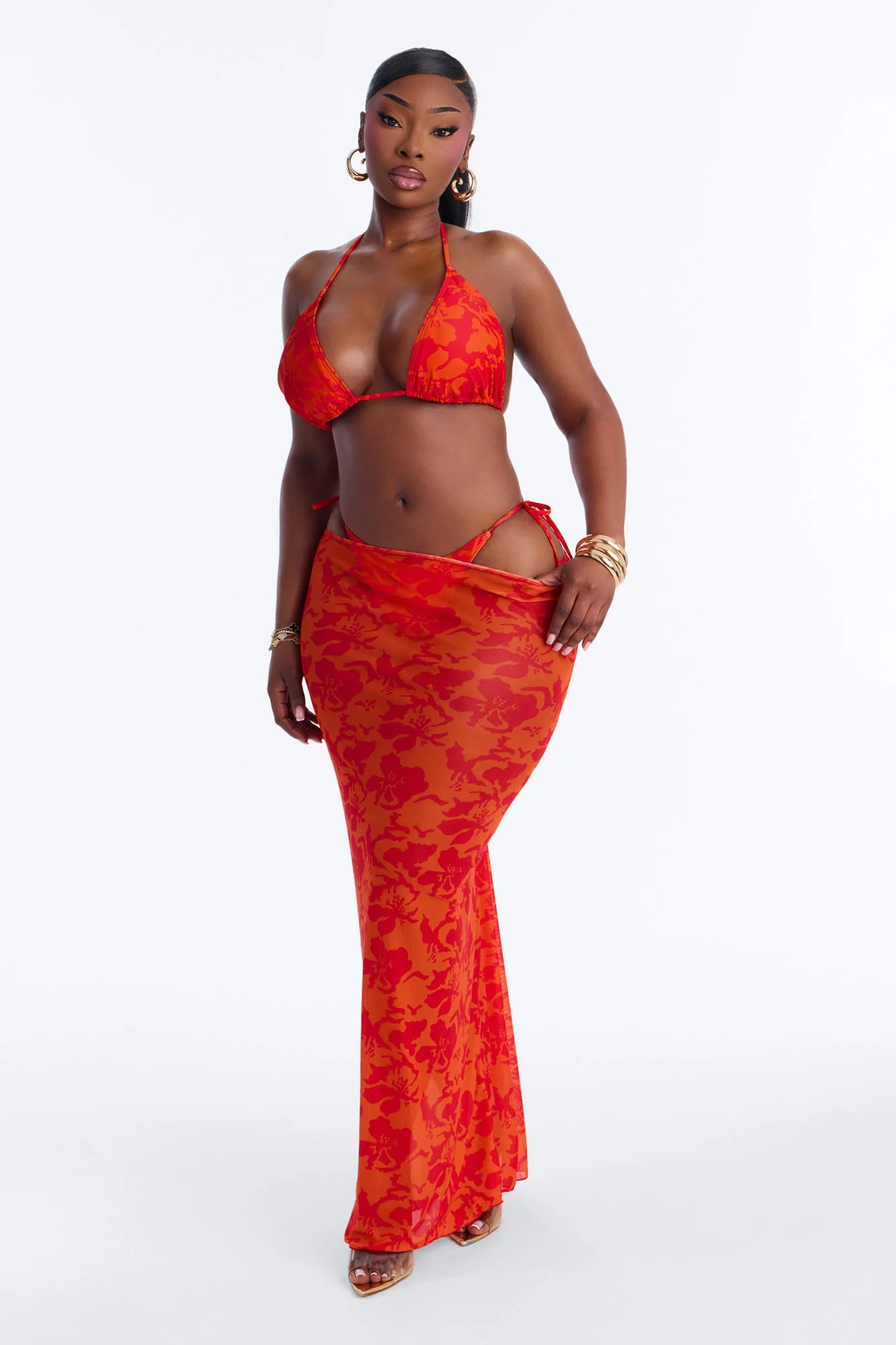 Mirella 3 Piece Floral Triangle Bikini & Cover Up Skirt Sunsuit - Orange