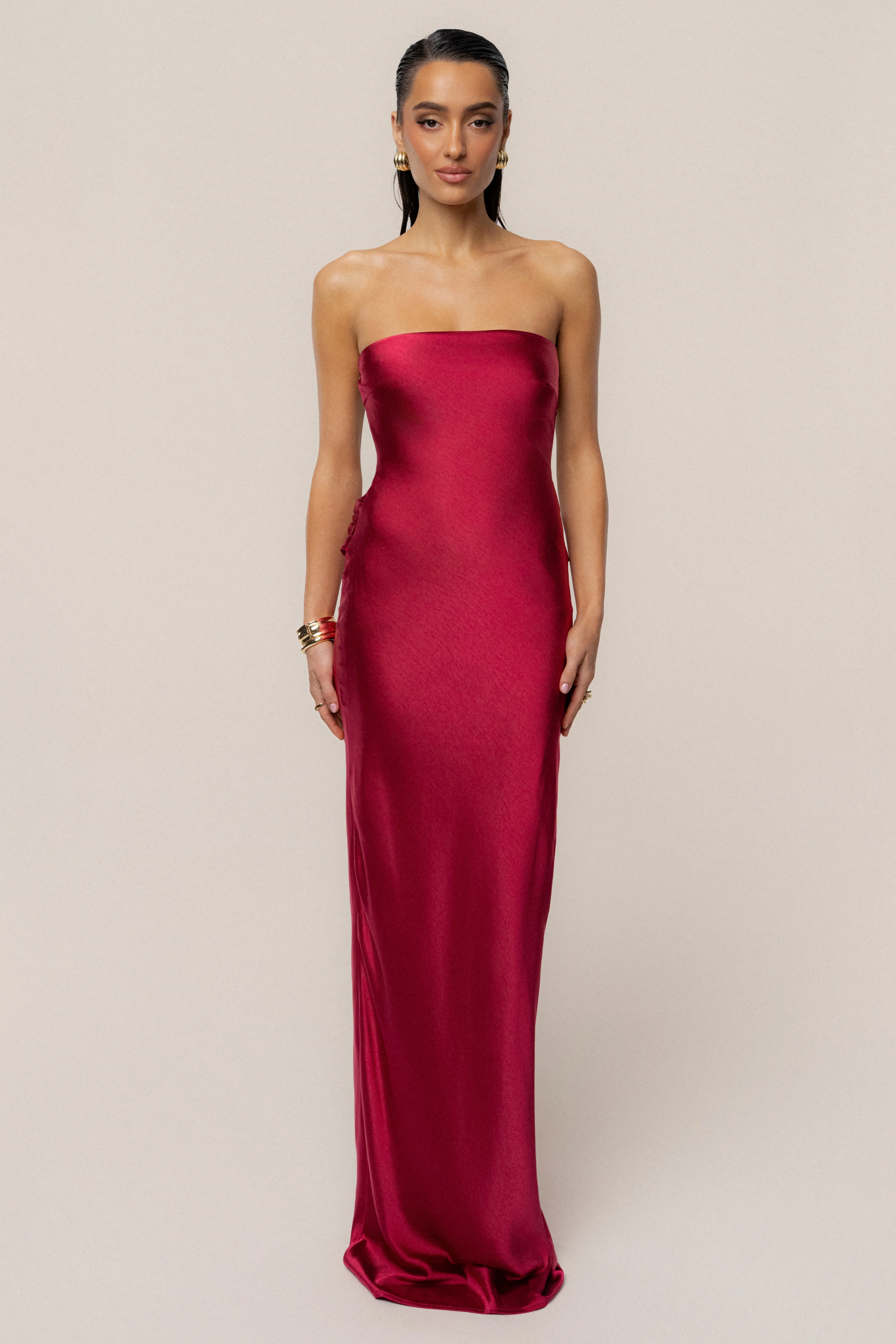 Red Regal Rising Satin Maxi Dress
