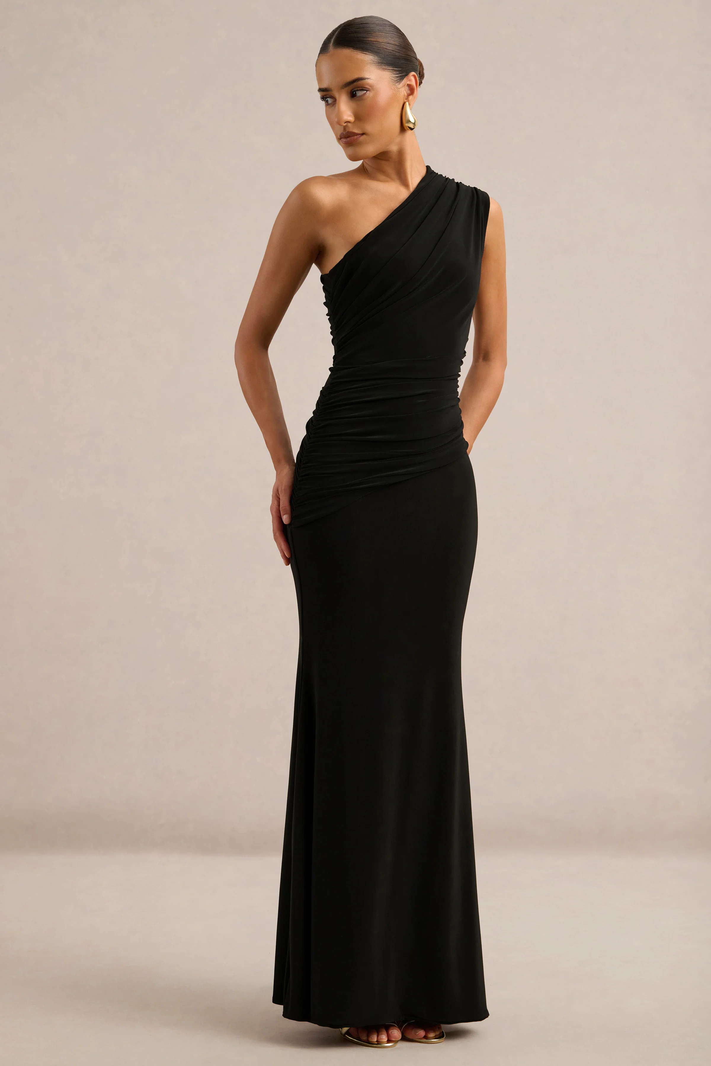 Mardi | Black Asymmetric Maxi Dress With Ruching