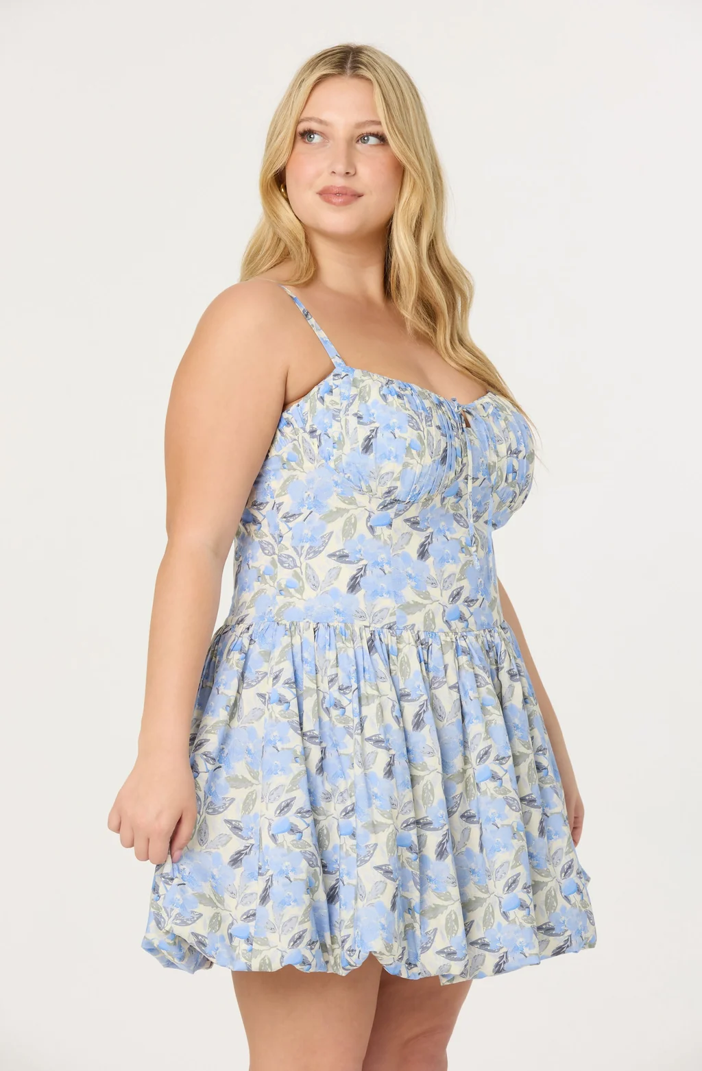 Blue Floral Spaghetti Strap Bubble Hem Mini Dress