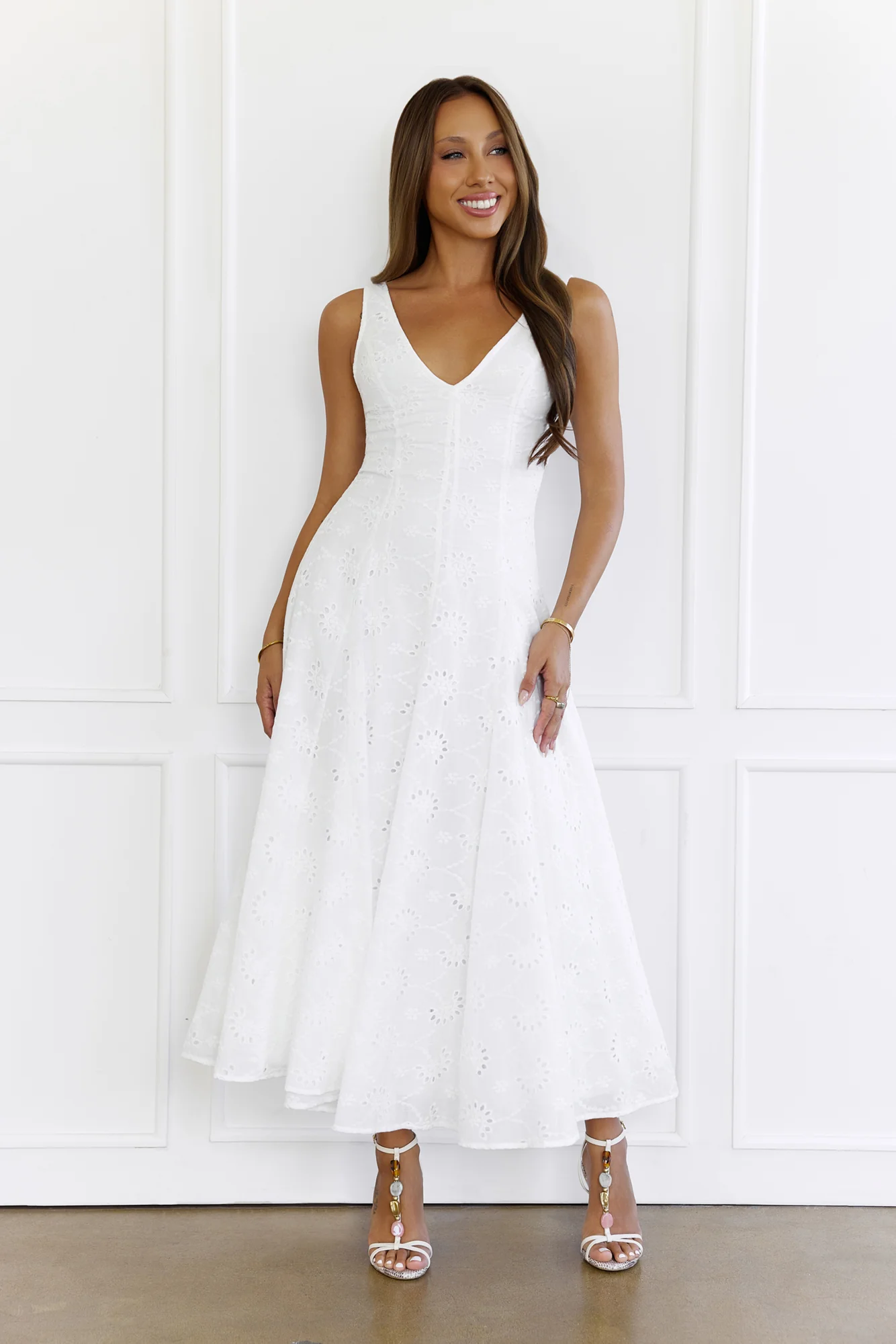 Effortless Charm Embroidered V-Neck Maxi Dress White