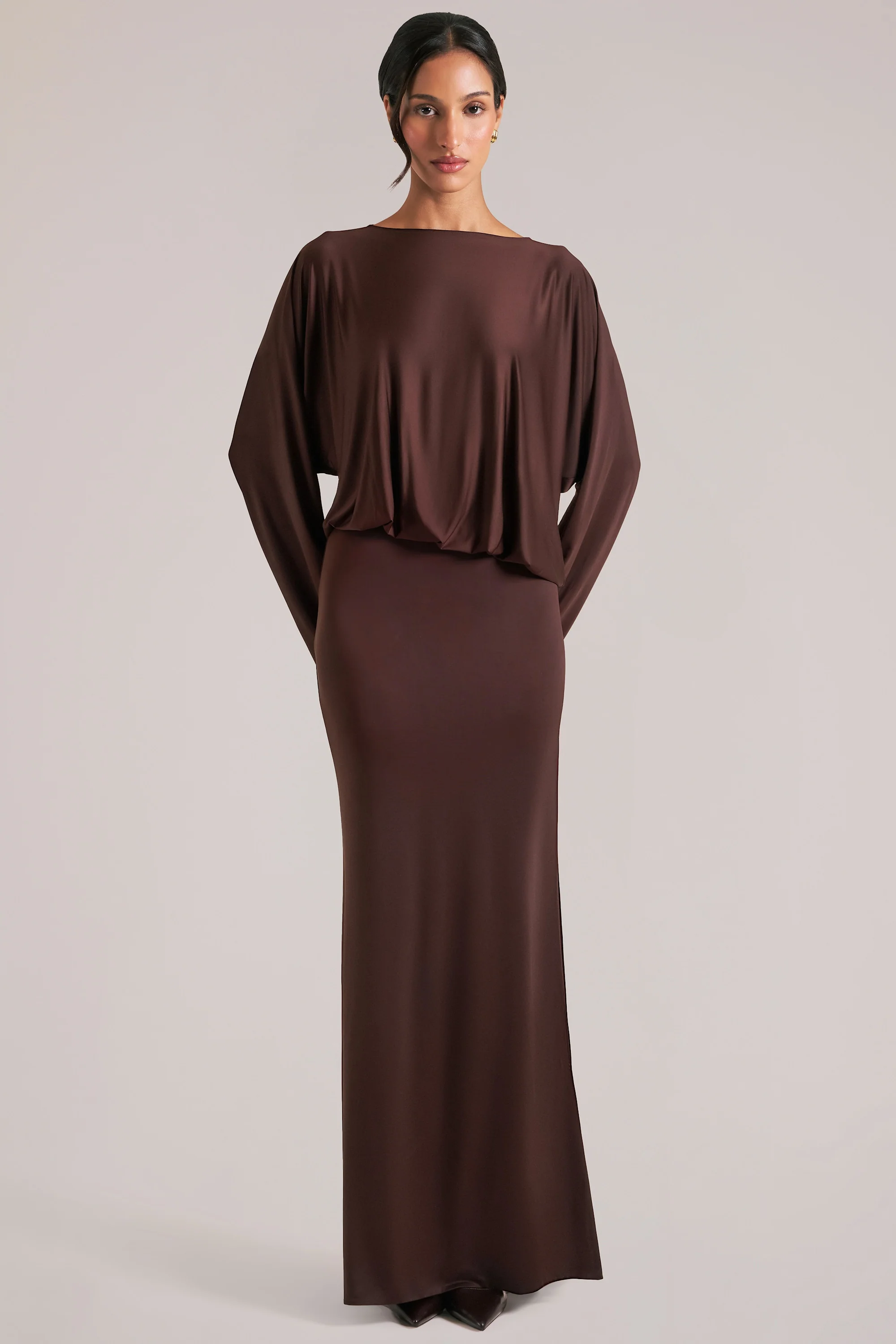 Long-Sleeve Draped Maxi Dress in Chocolate Brown
