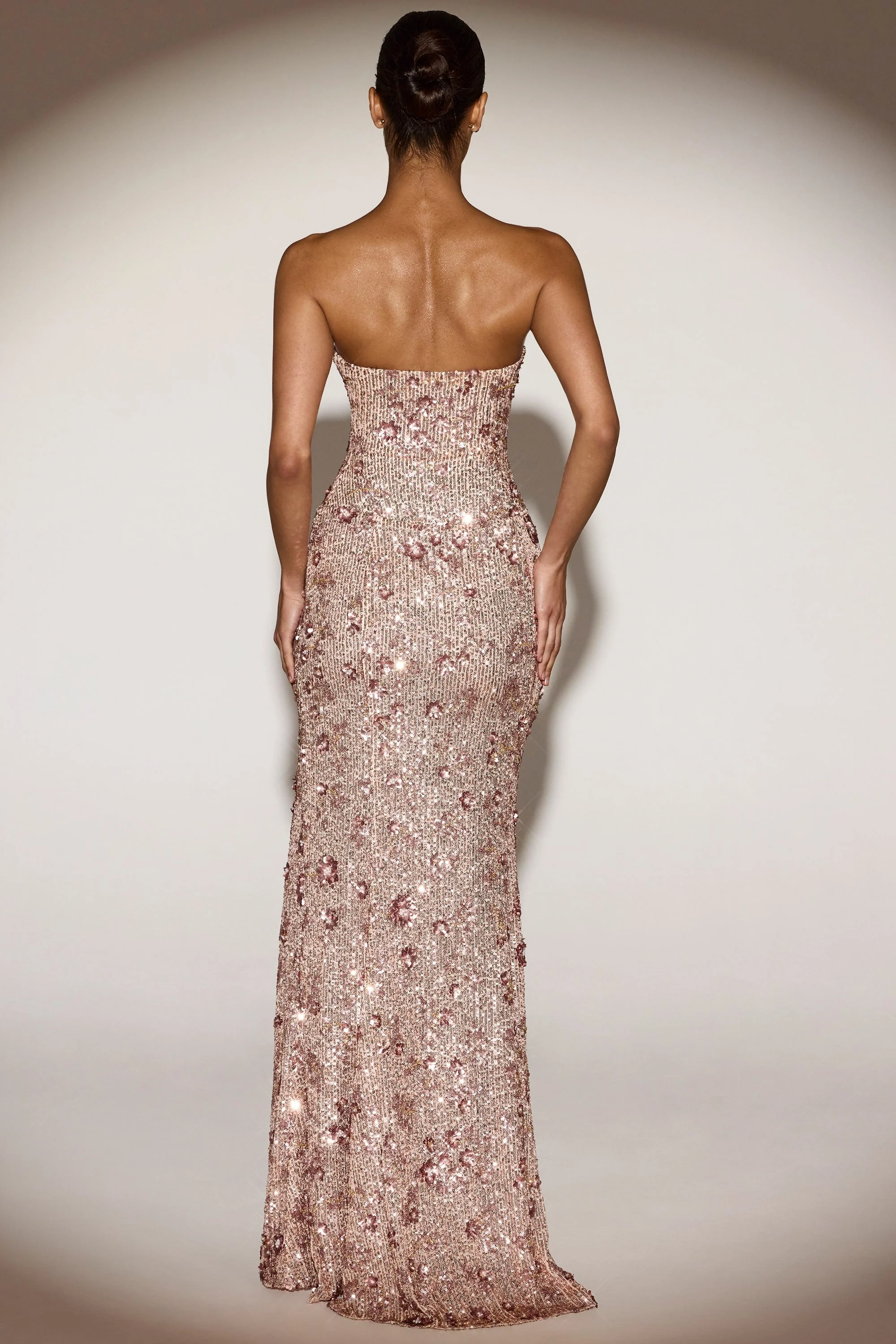 Embellished Bandeau-Neck Strapless Gown in Rose Gold