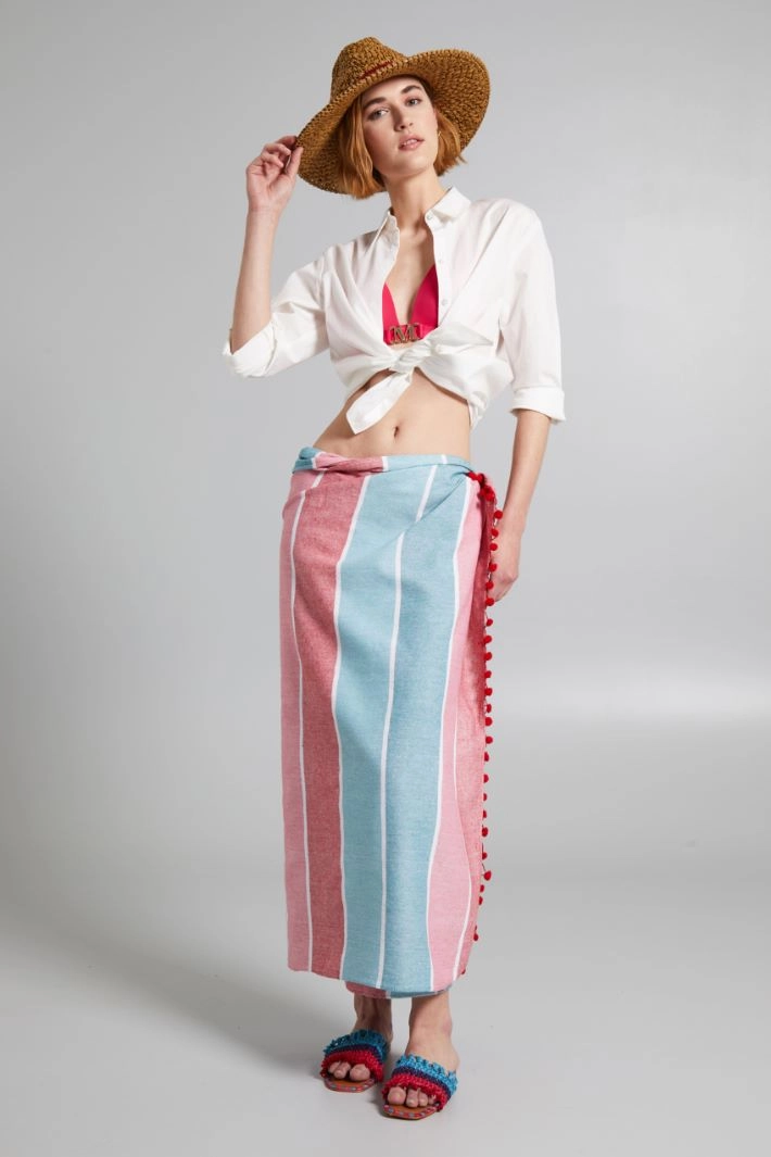 Beach towel with pom poms - RED SEAWATER PINK