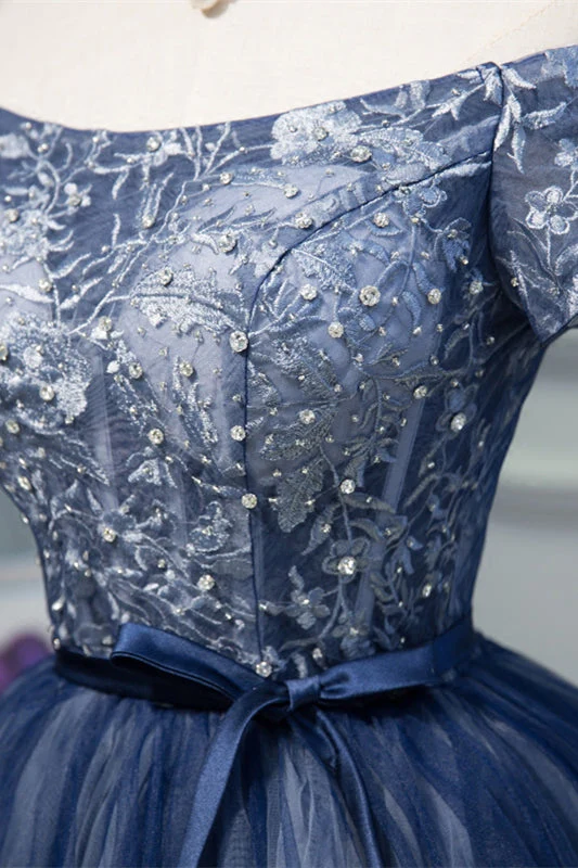 Off the Shoulder Short Sleeves Navy Blue Tutu Party Dress