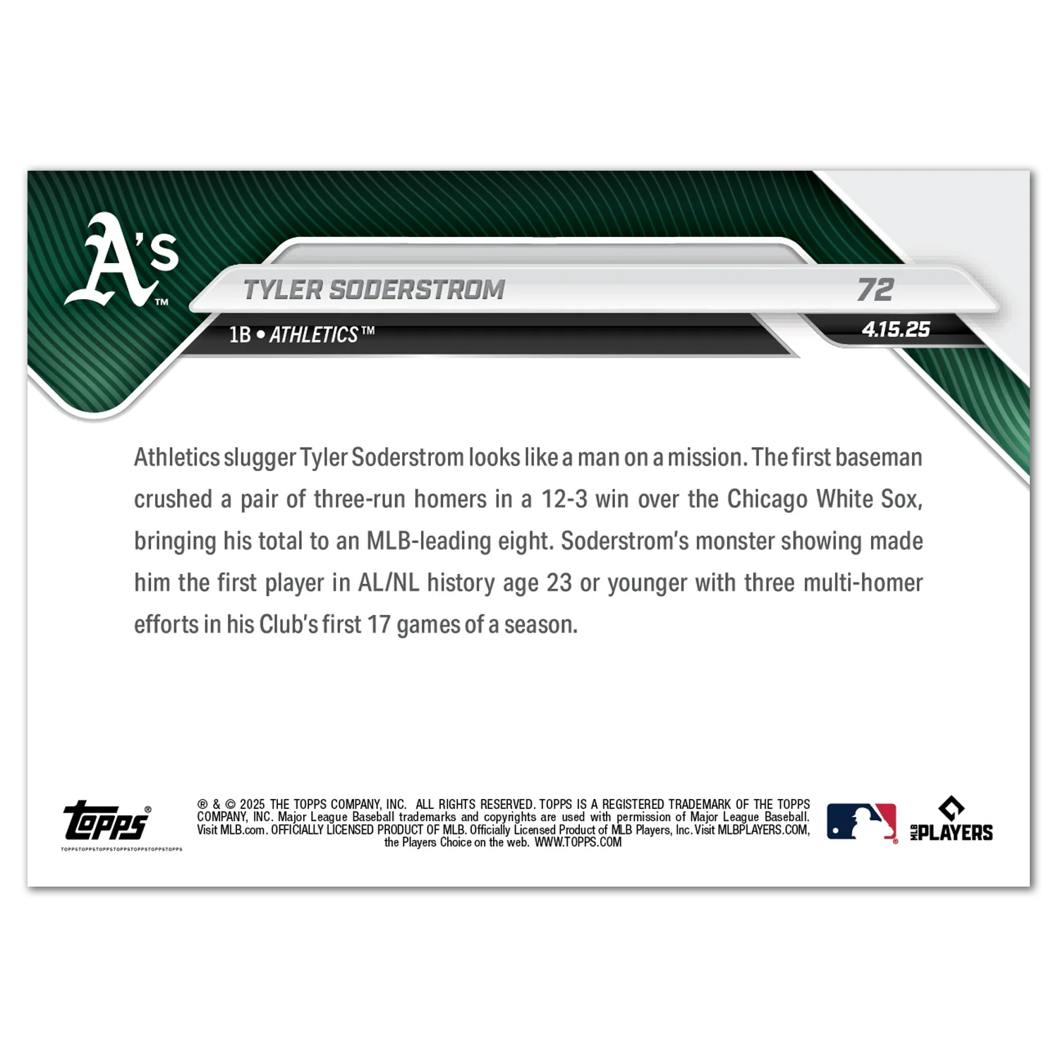 Tyler Soderstrom - 2025 MLB Topps NOW® - Card 72
