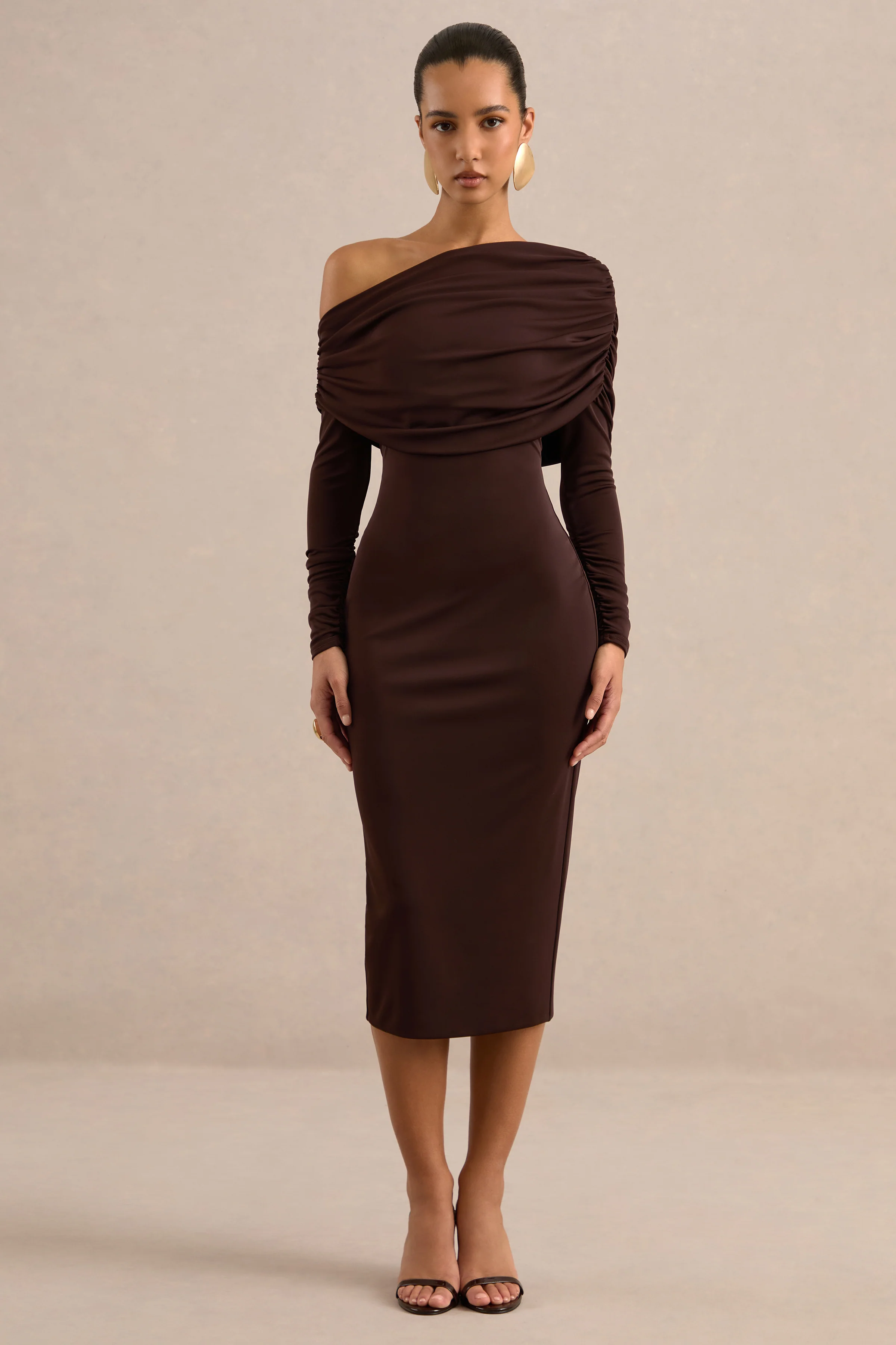 Evera | Dark Brown One Shoulder Long Sleeve Midi Dress With Ruching