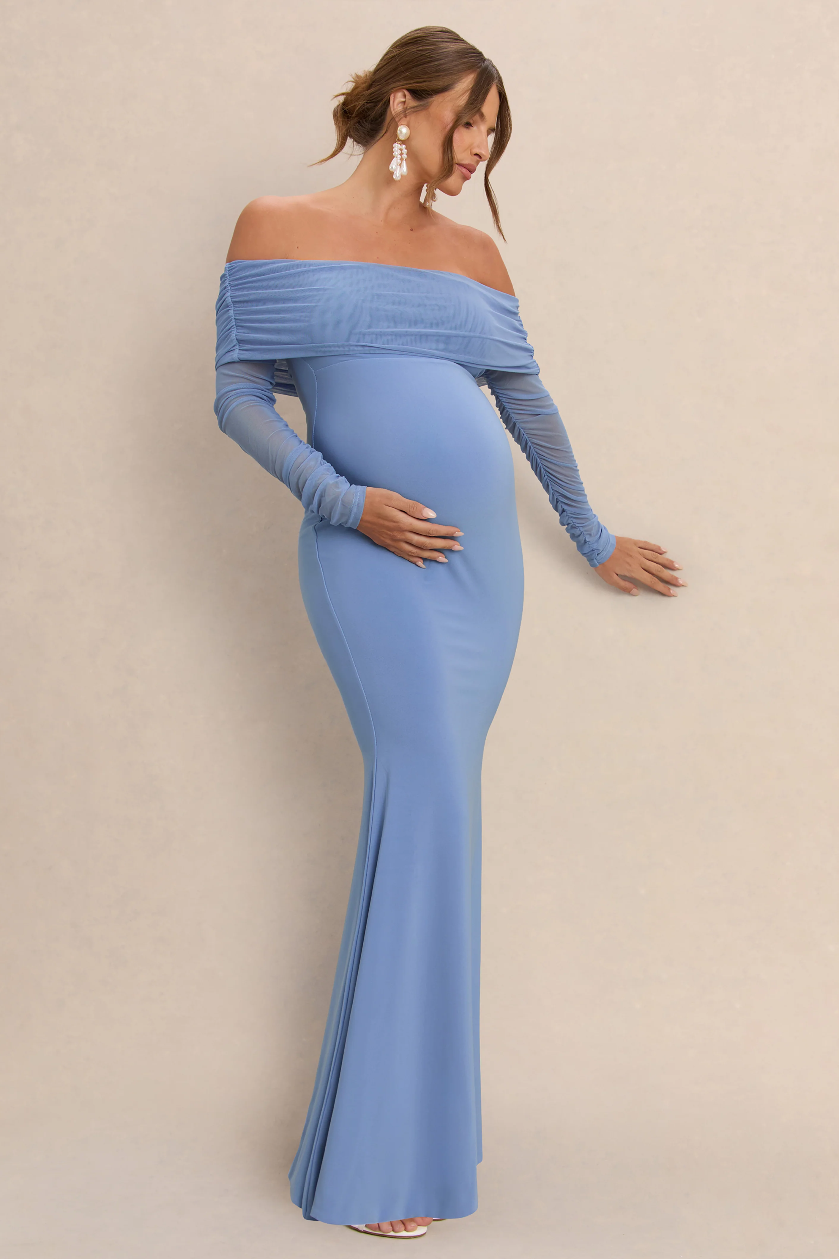 Pretty Perfect | Powder Blue Maternity Ruched Mesh Bardot Maxi Dress
