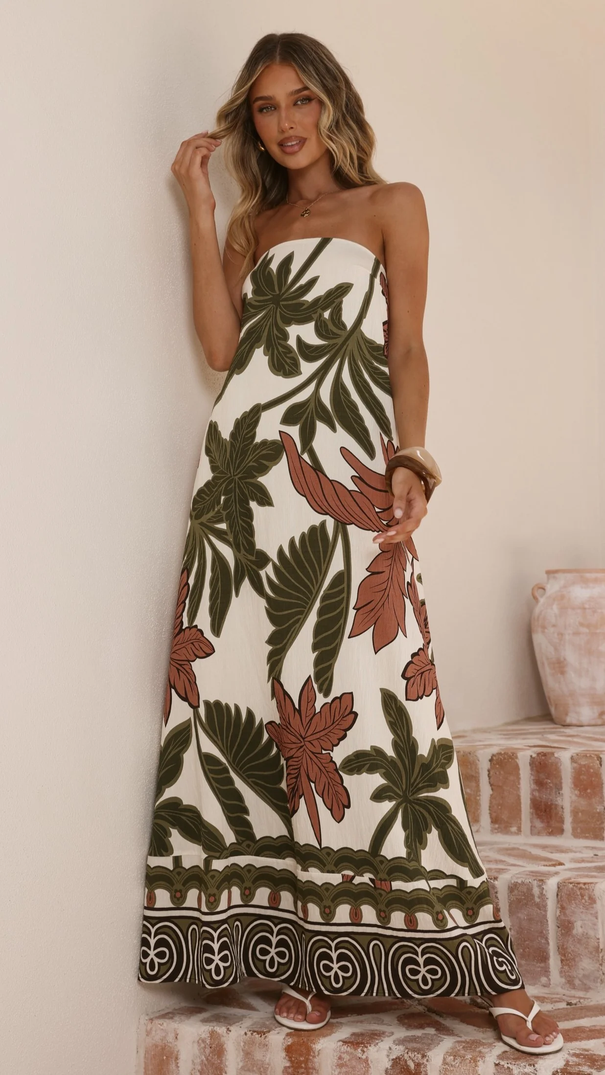 Connie Maxi Dress - Green/Beige Palm