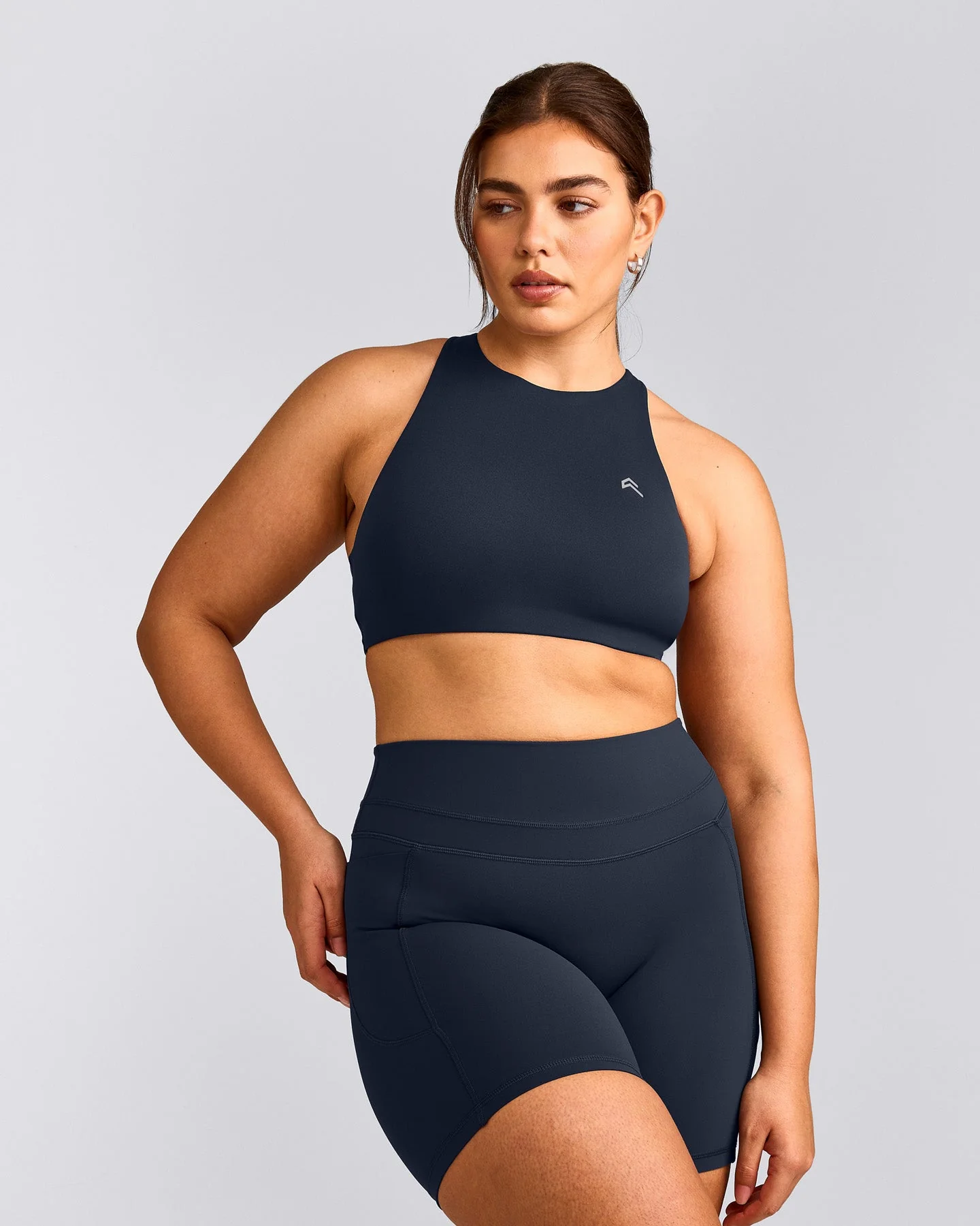 EasyLift™ High Neck Sports Bra with Grey Logo | True Blue