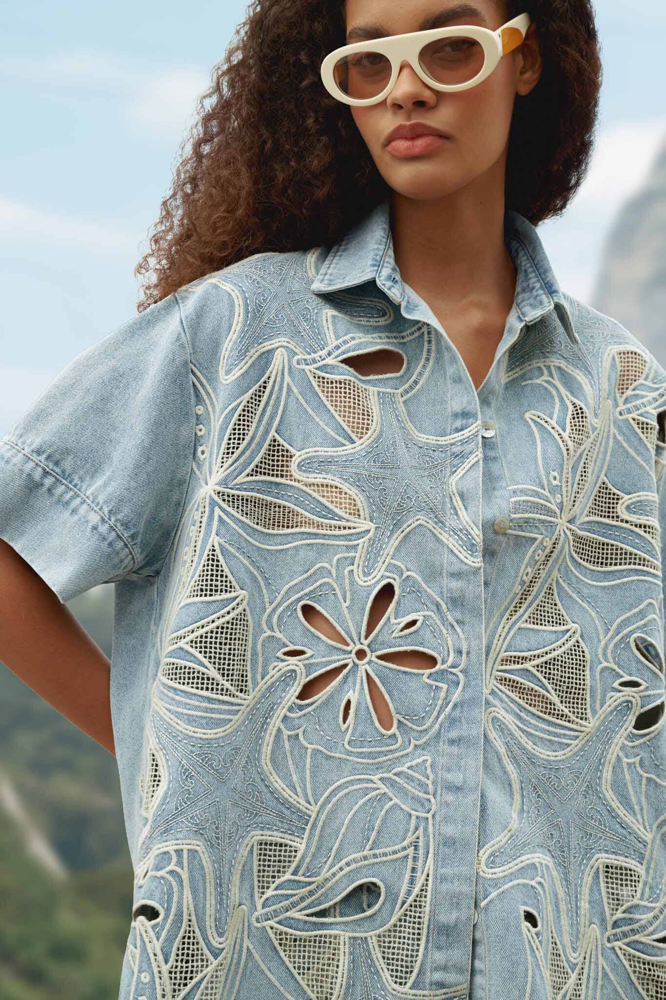 Denim Sea Desire Embroidered Short Sleeve Shirt