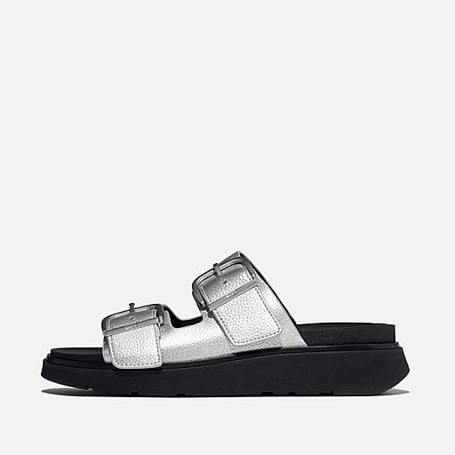 Buckle Metallic Tumbled-Leather Two-Bar Slides