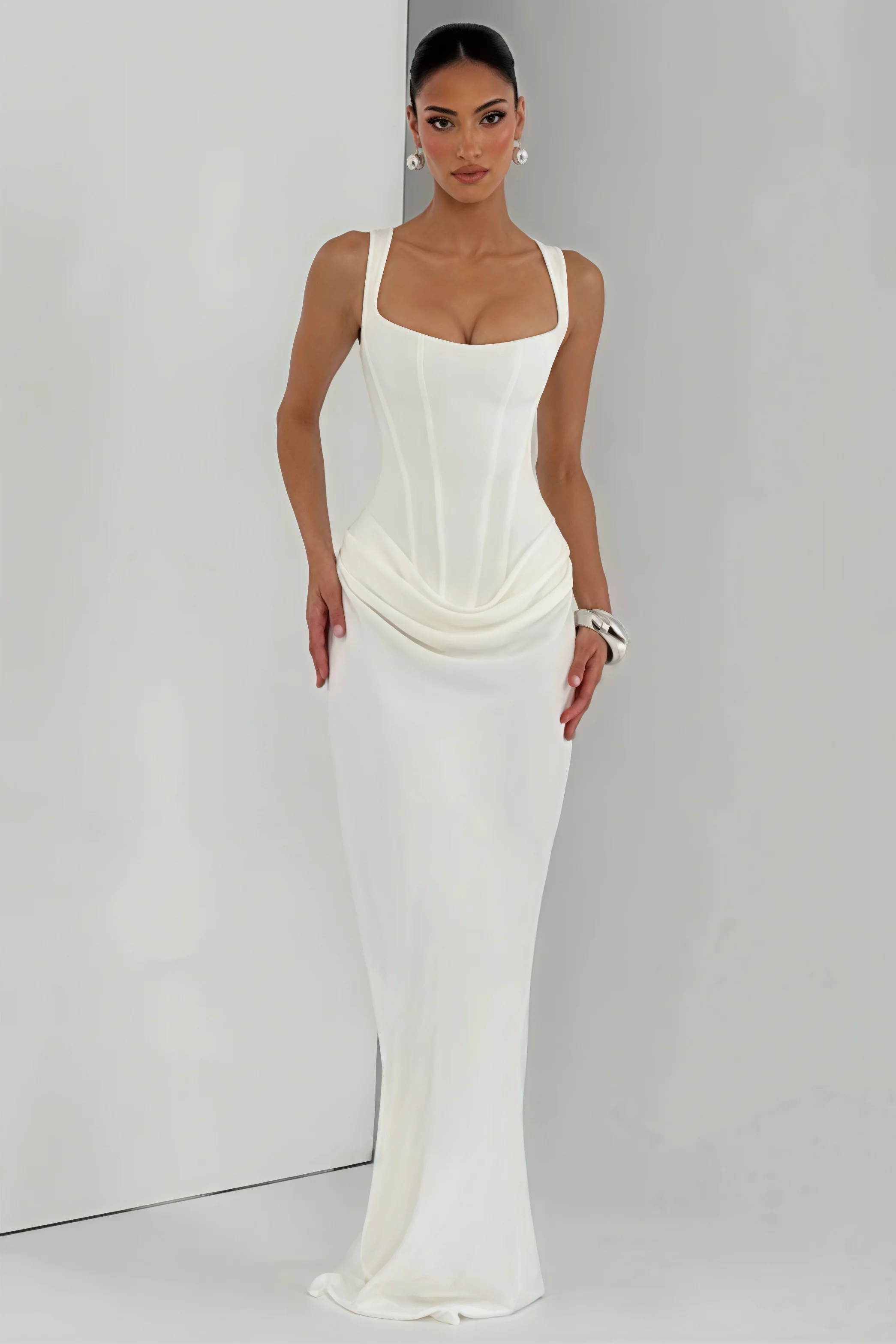 Sexy Ruched Spaghetti Strap Boned Waist Cinching Bodycon Maxi Dress