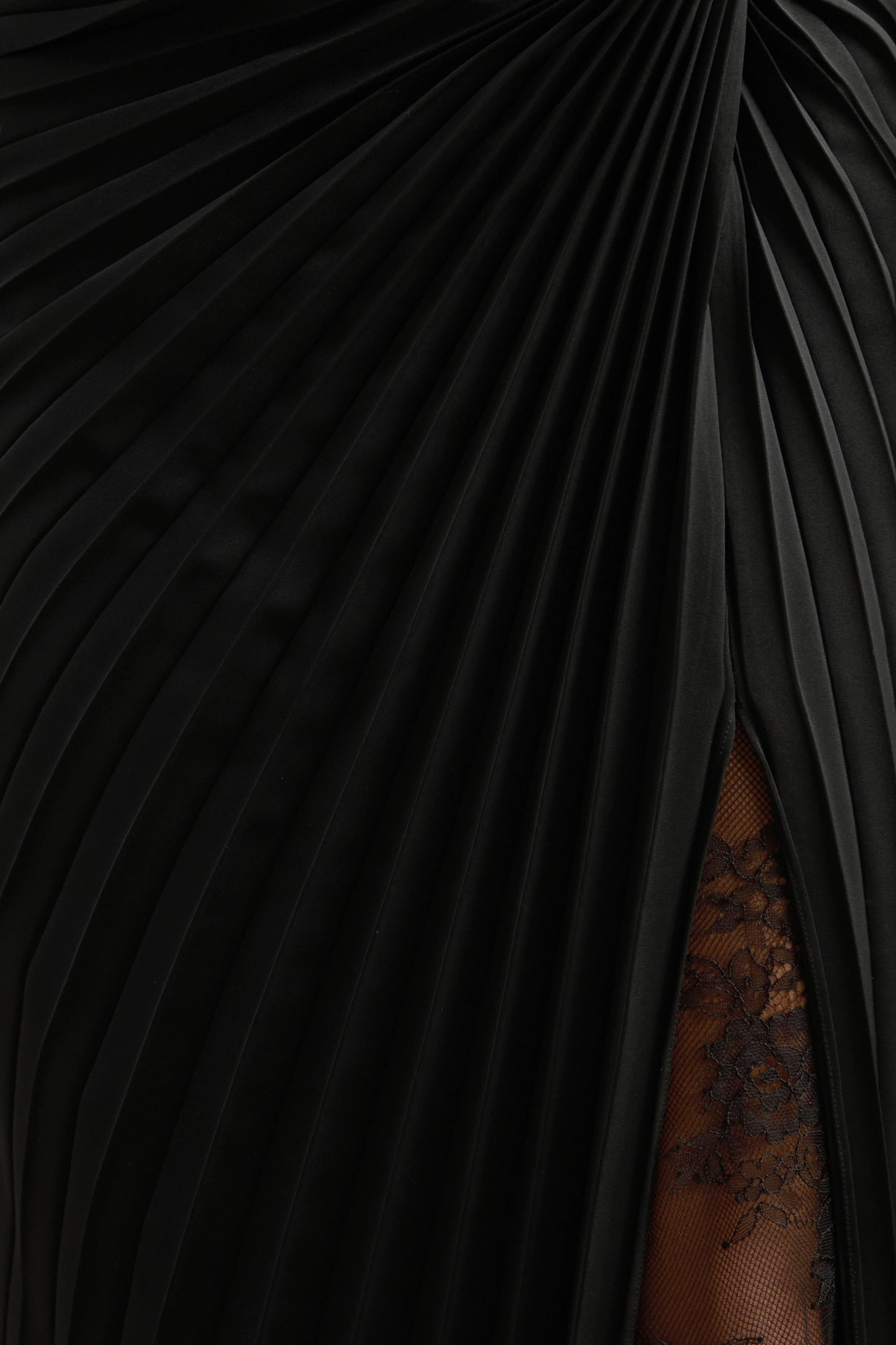 Lassia | Black Satin Mid Rise Pleated Maxi Skirt With Lace Detailing And Split