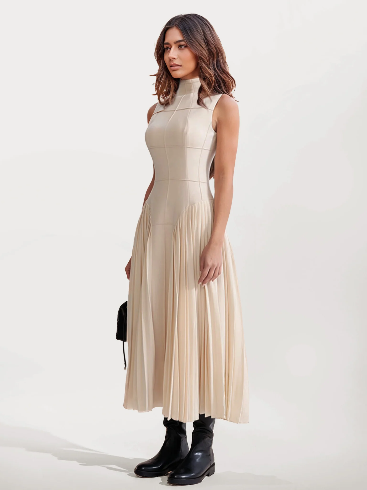 Pleated Midi Dress with Geometric Design