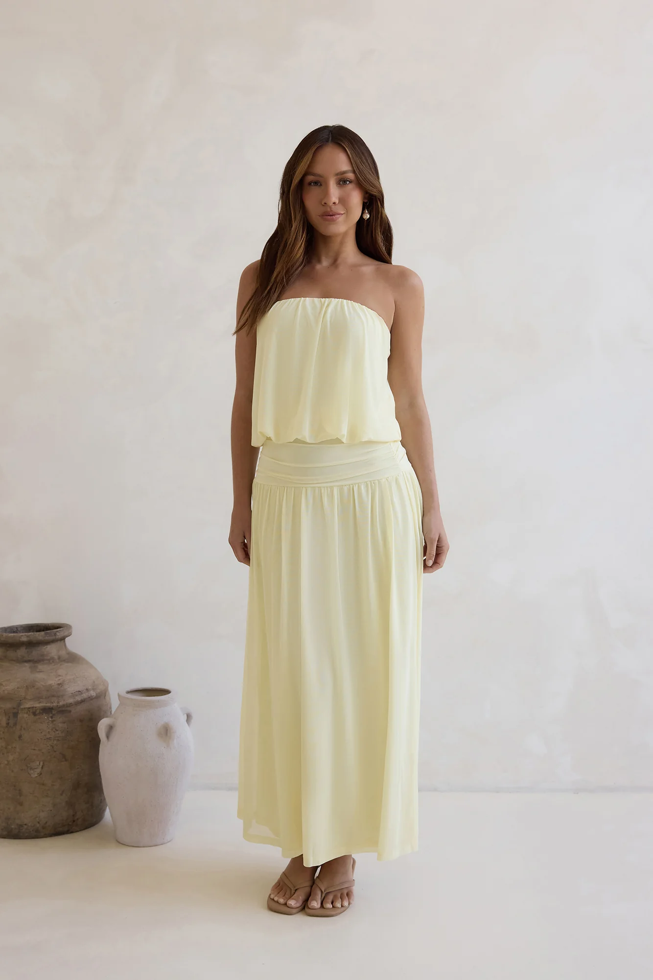 Calling Me Mesh Strapless Maxi Dress Yellow