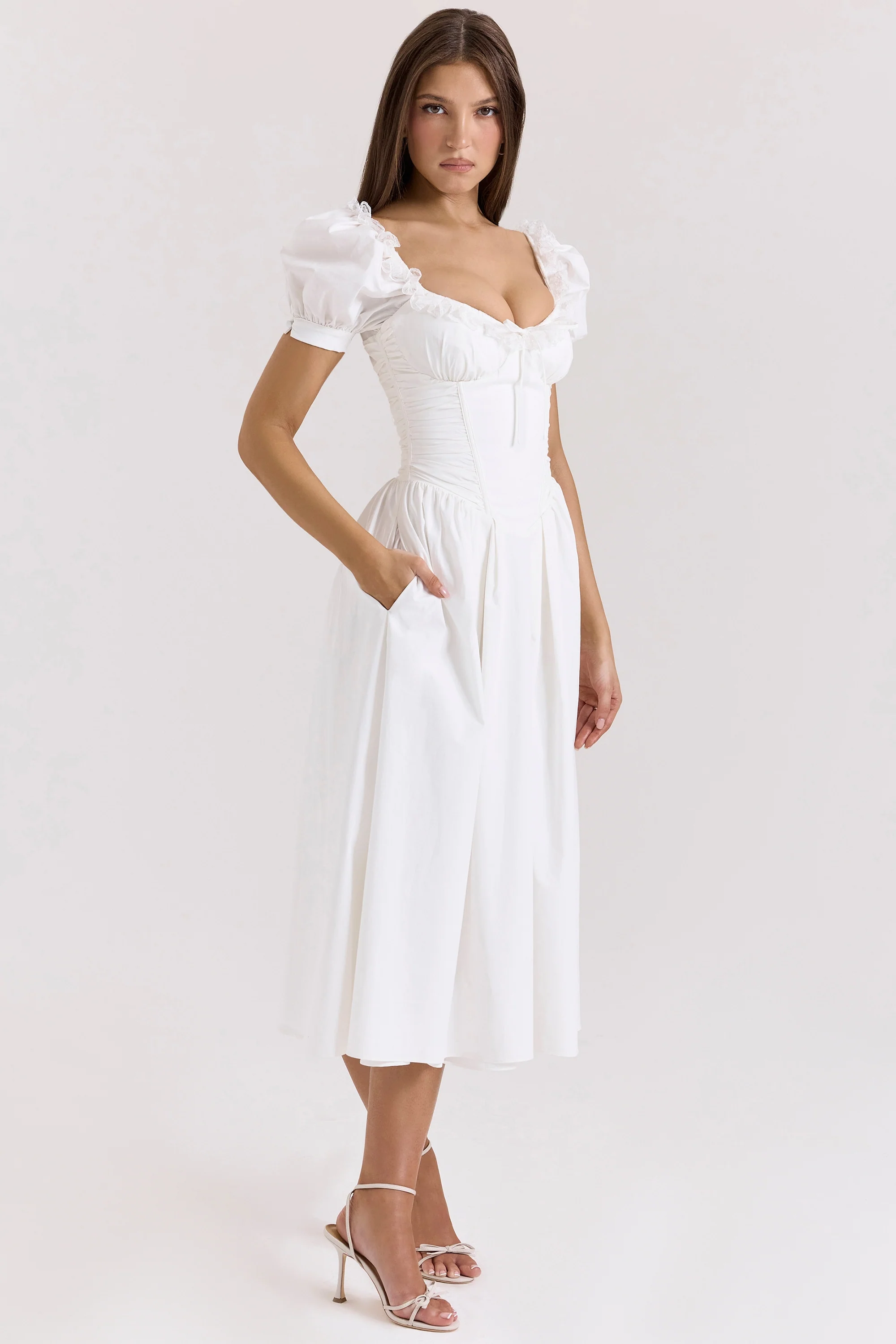 white stretch cotton puff sleeve midi dress