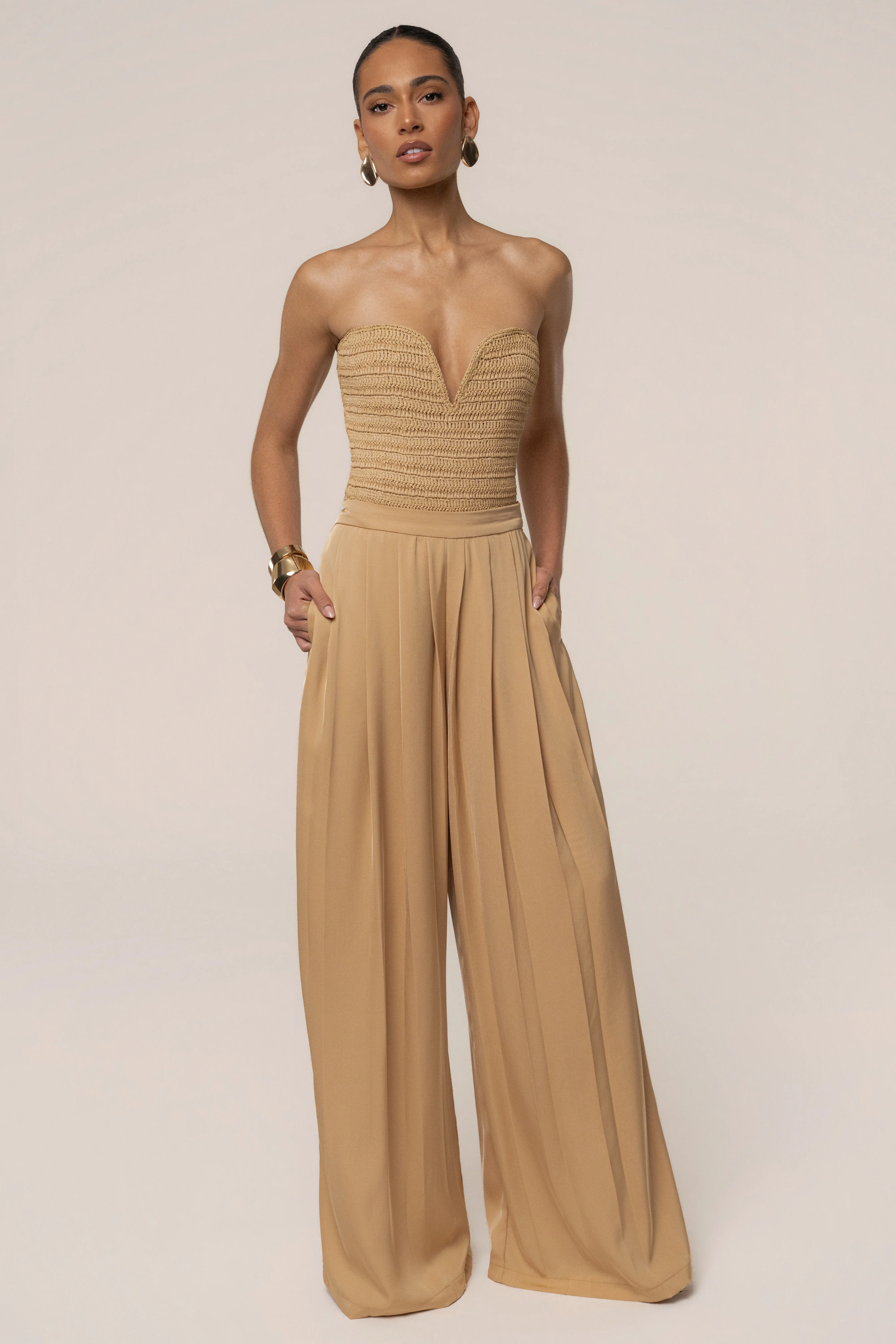 Beige Clara Wide Leg Pleated Trousers
